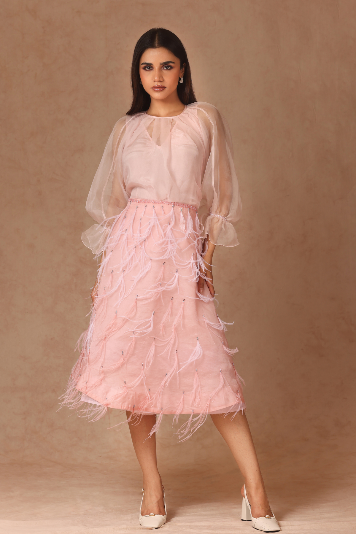 Dusty Pink Feather Skirt and Organza Top