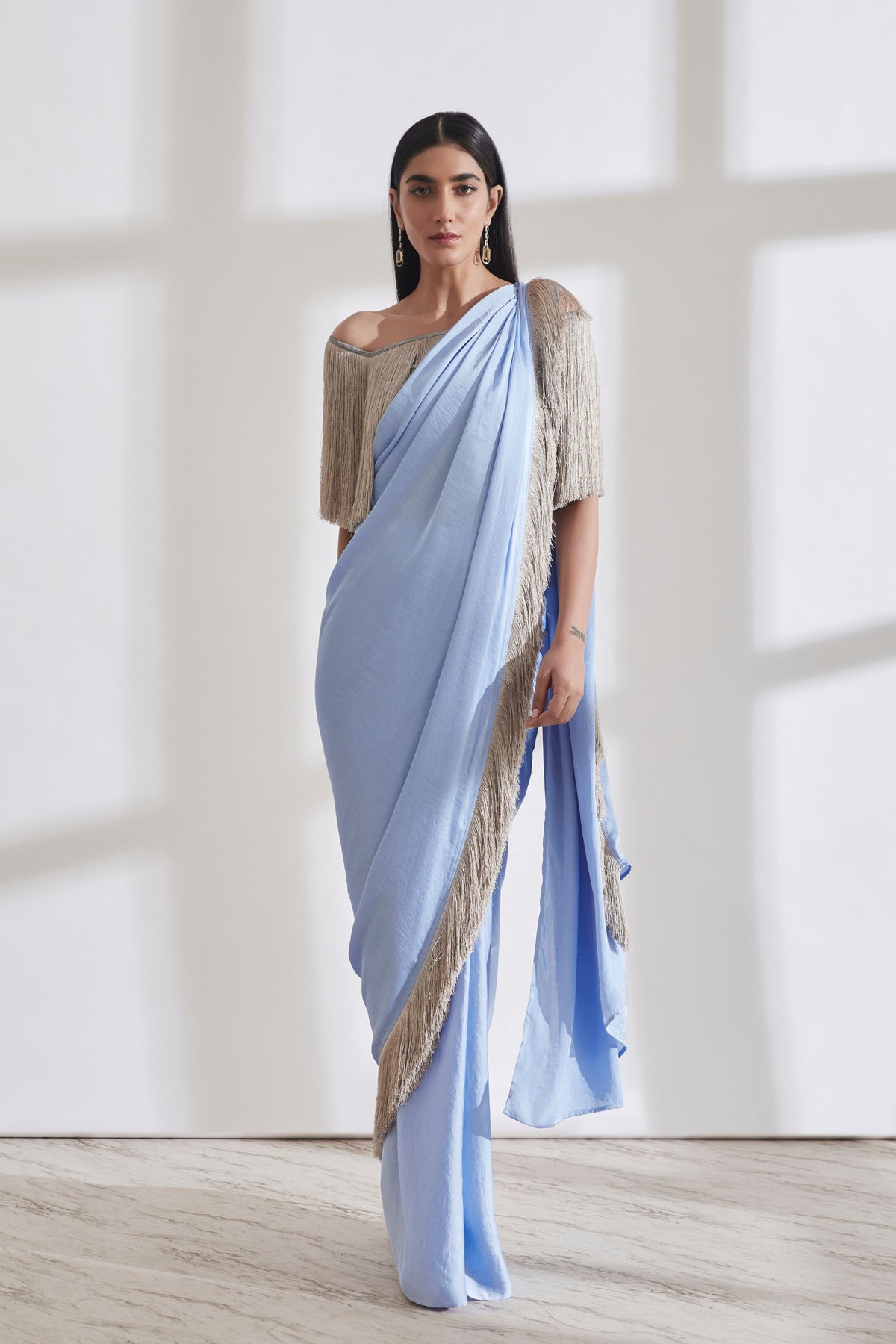 Noor Fringe Blue Sari