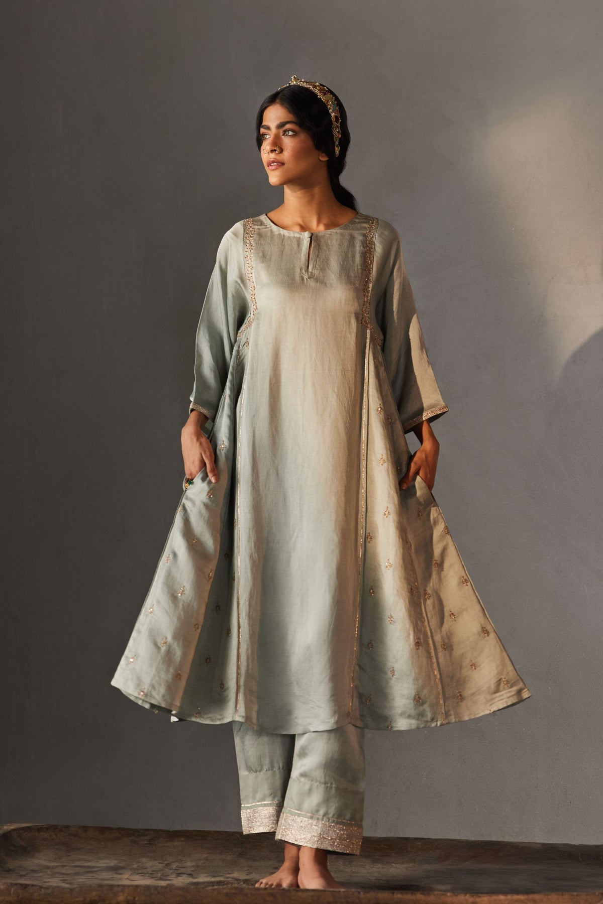 Sage Rose Gold Zari Kurta Set