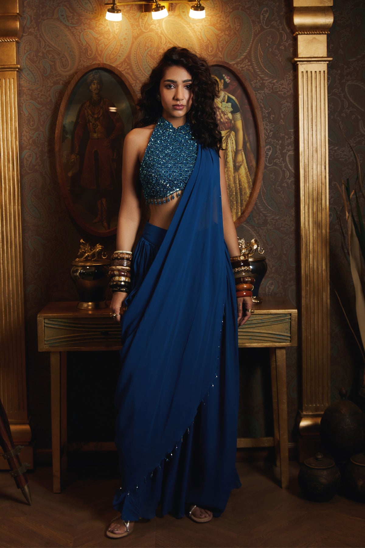 Teal Blue Drape Saree Set