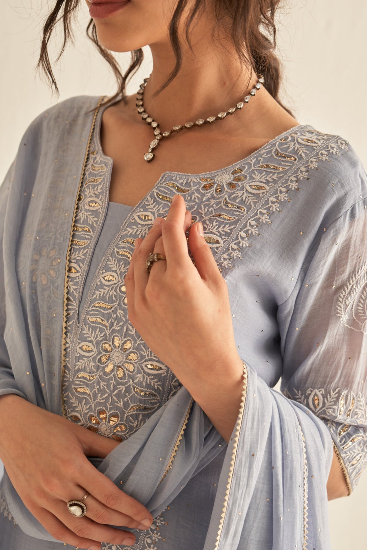 Ash Blue Mul Chanderi Mukaish Kurta Set