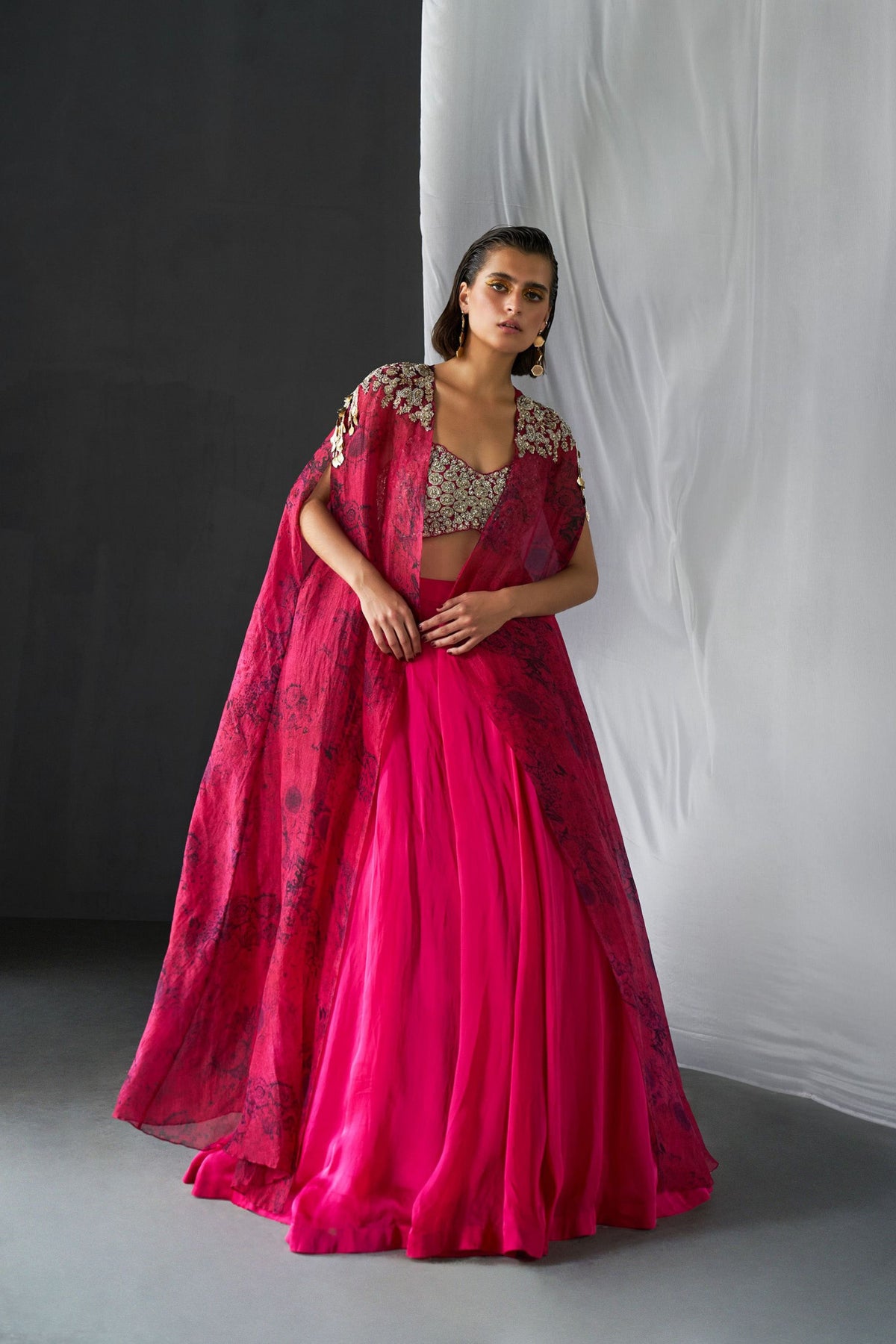 Fuschia Embroidered Blossom Lehenga Set