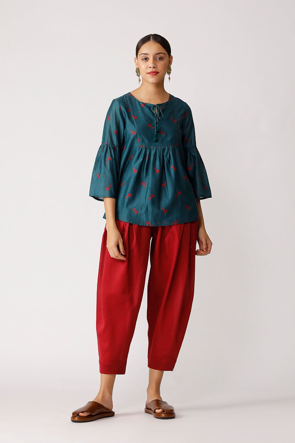 Teal Triffis Embroidered Peasant Top