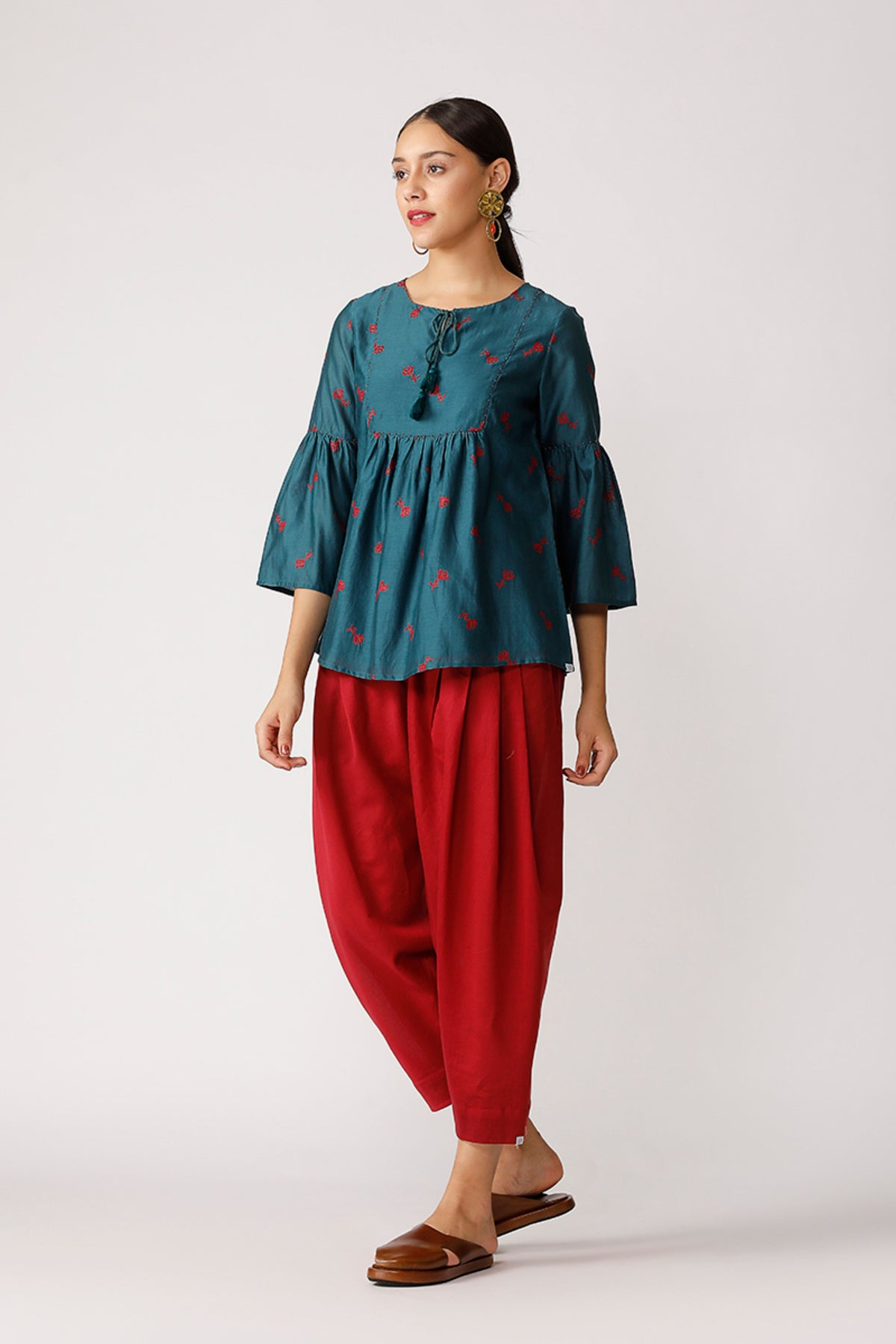 Teal Triffis Embroidered Peasant Top