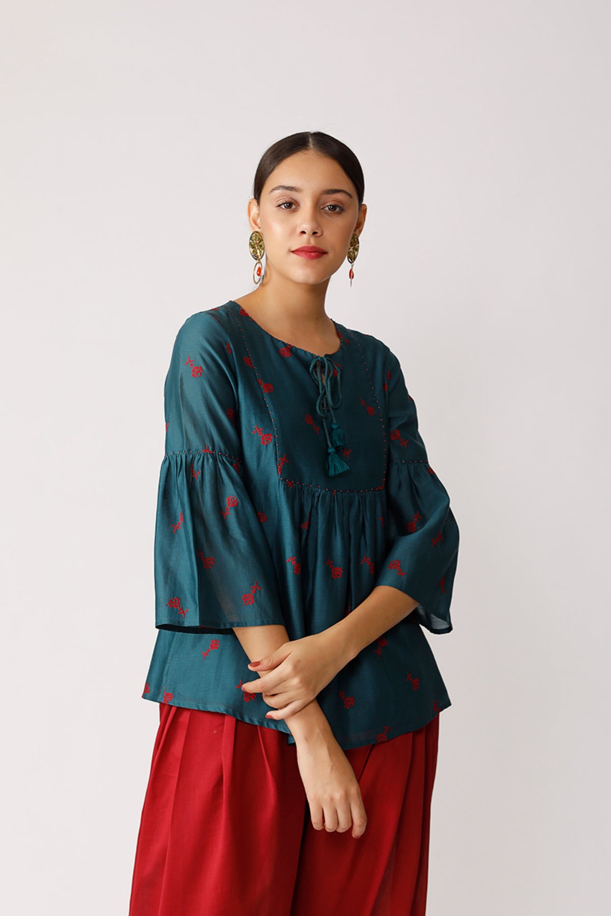 Teal Triffis Embroidered Peasant Top