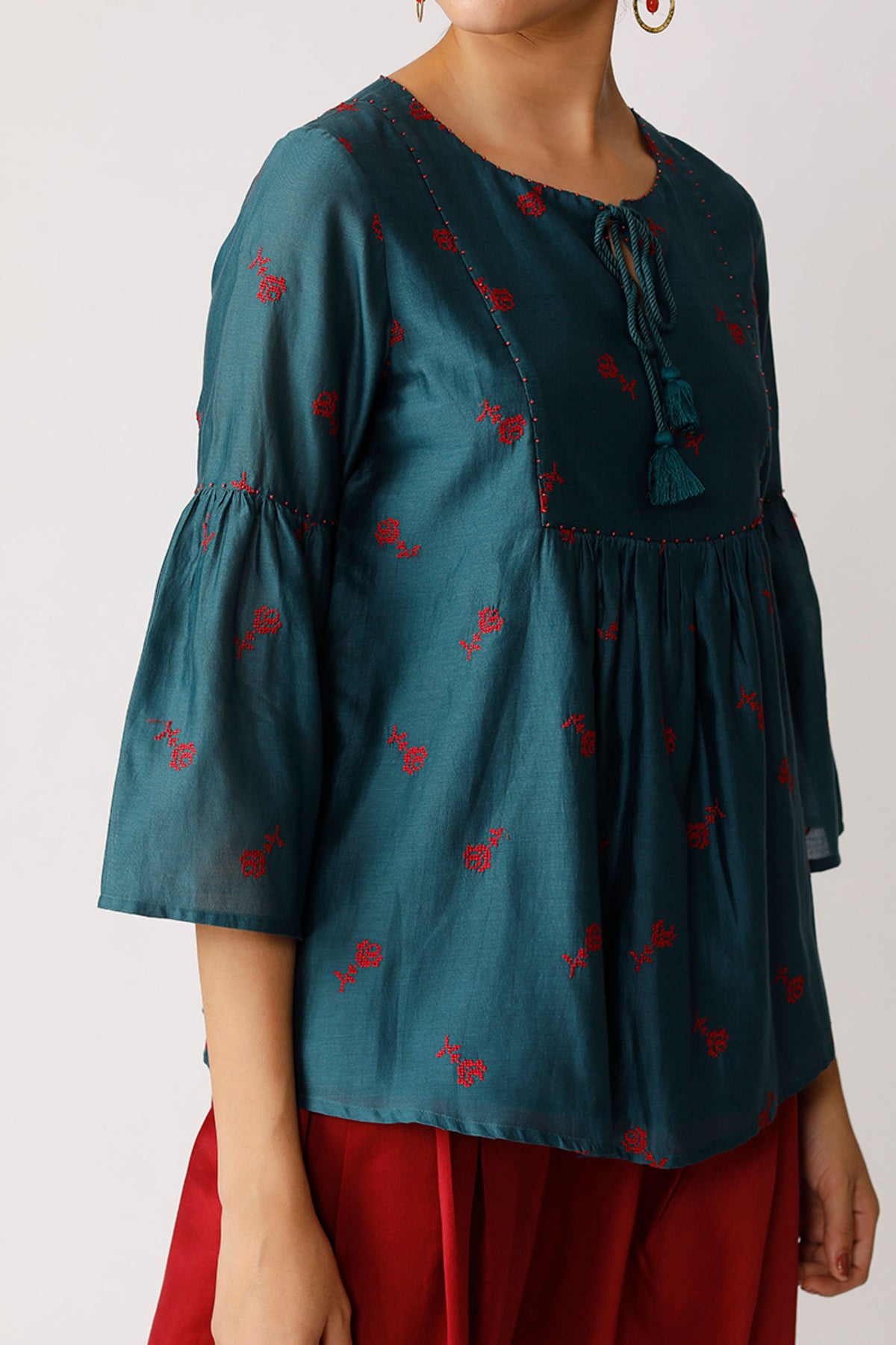 Teal Triffis Embroidered Peasant Top