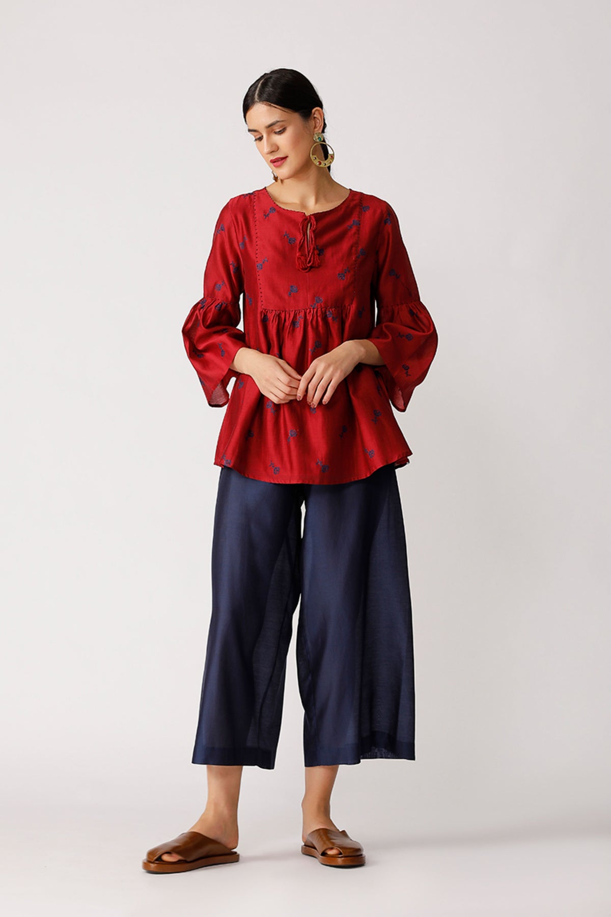 Wine Triffis Embroidered Peasant Top