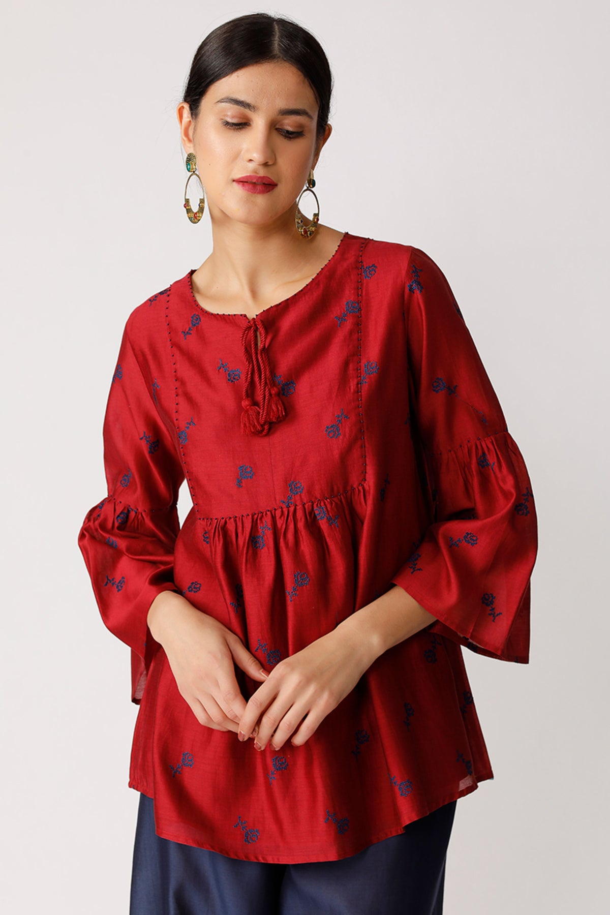 Wine Triffis Embroidered Peasant Top