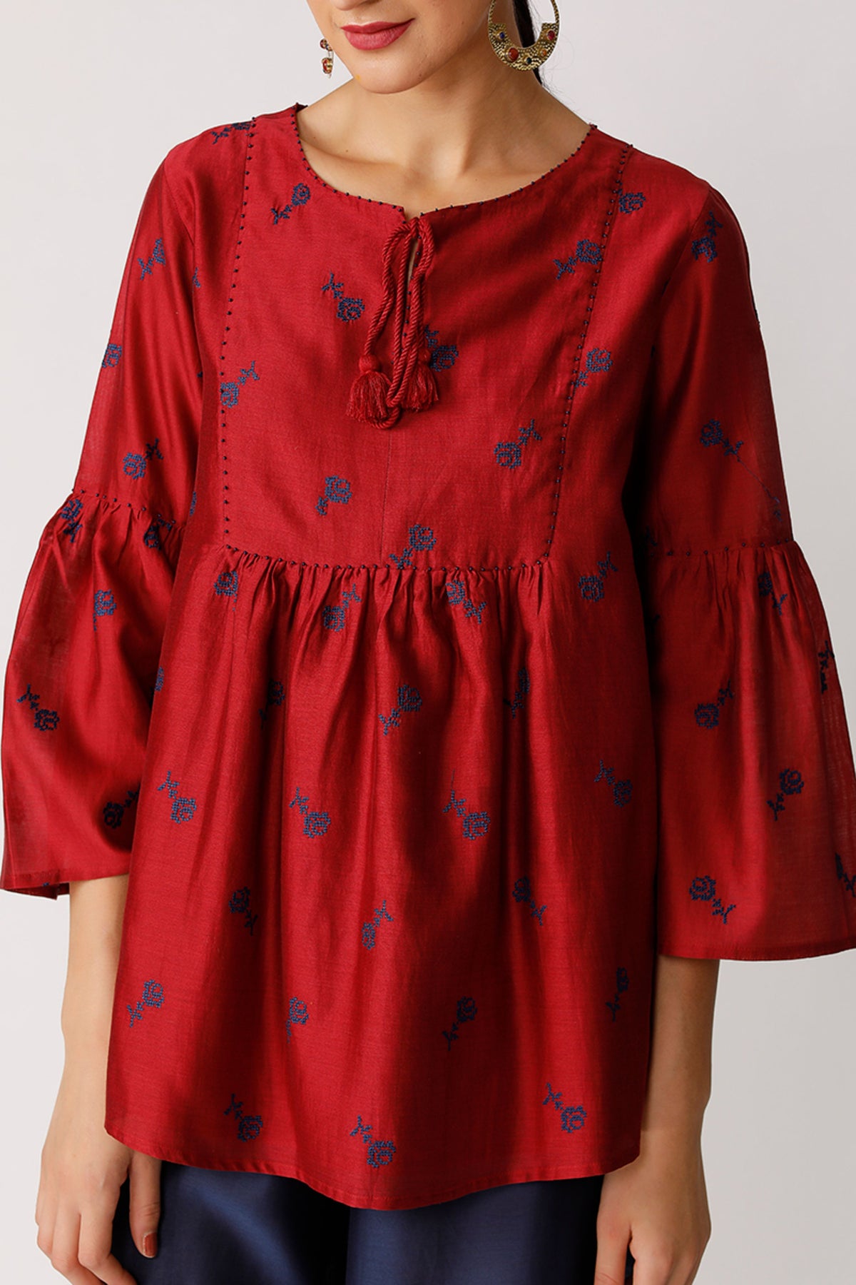 Wine Triffis Embroidered Peasant Top