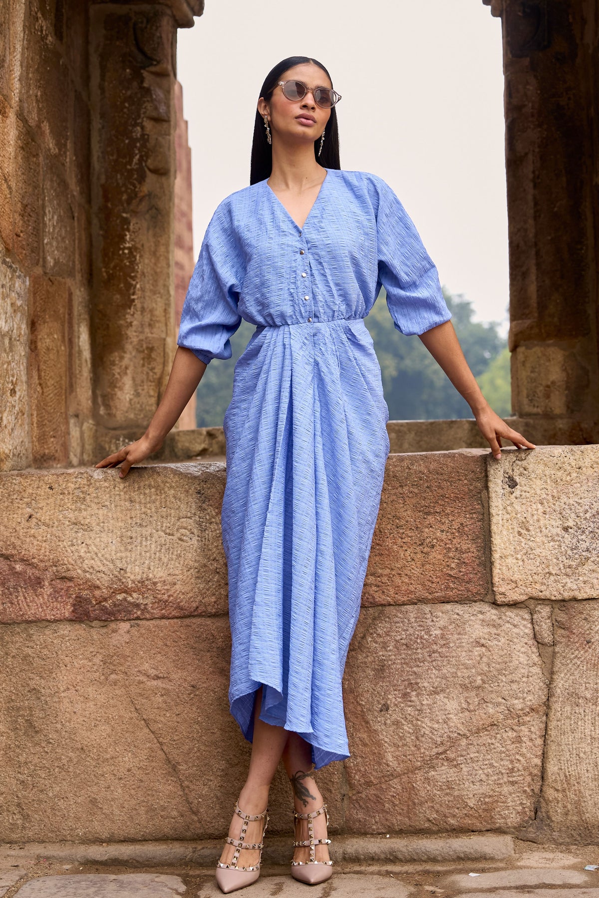 Blue Draped Midi Dress