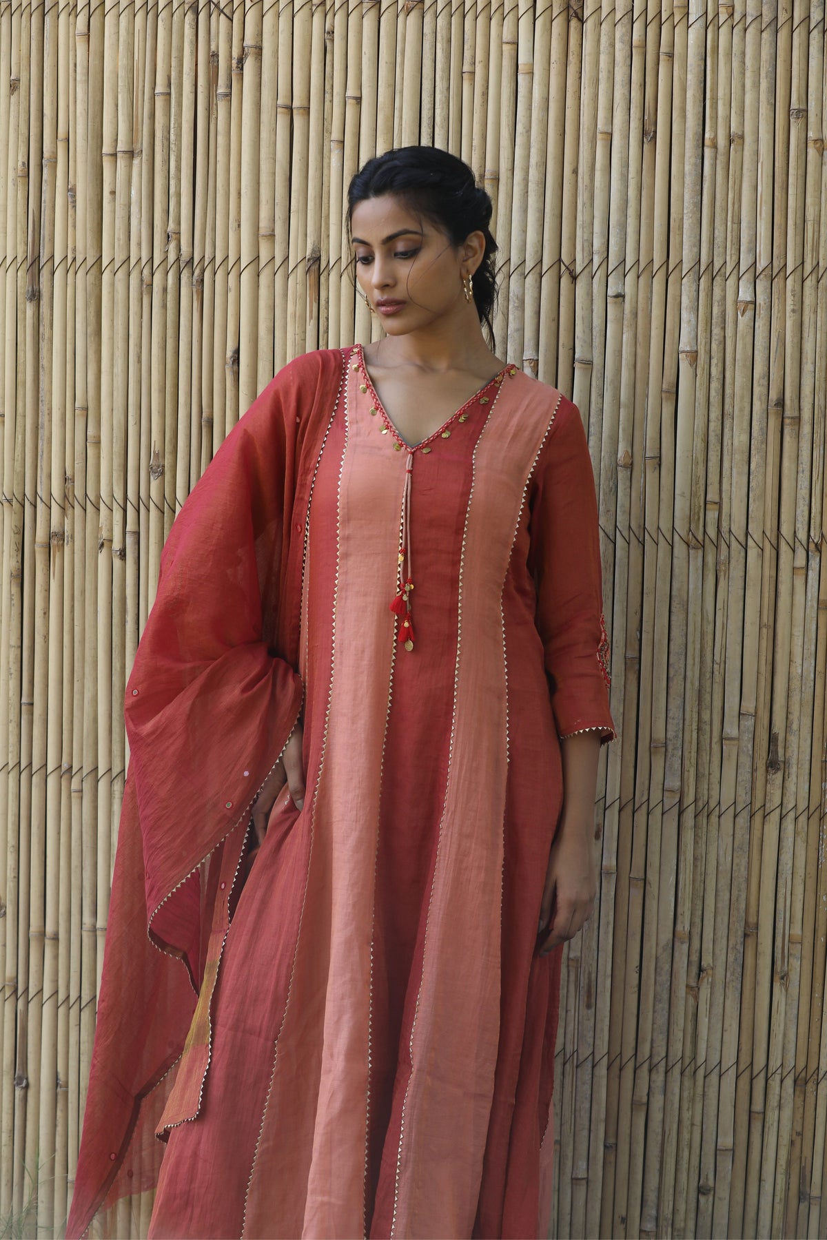 Red And Peach Kurta Set