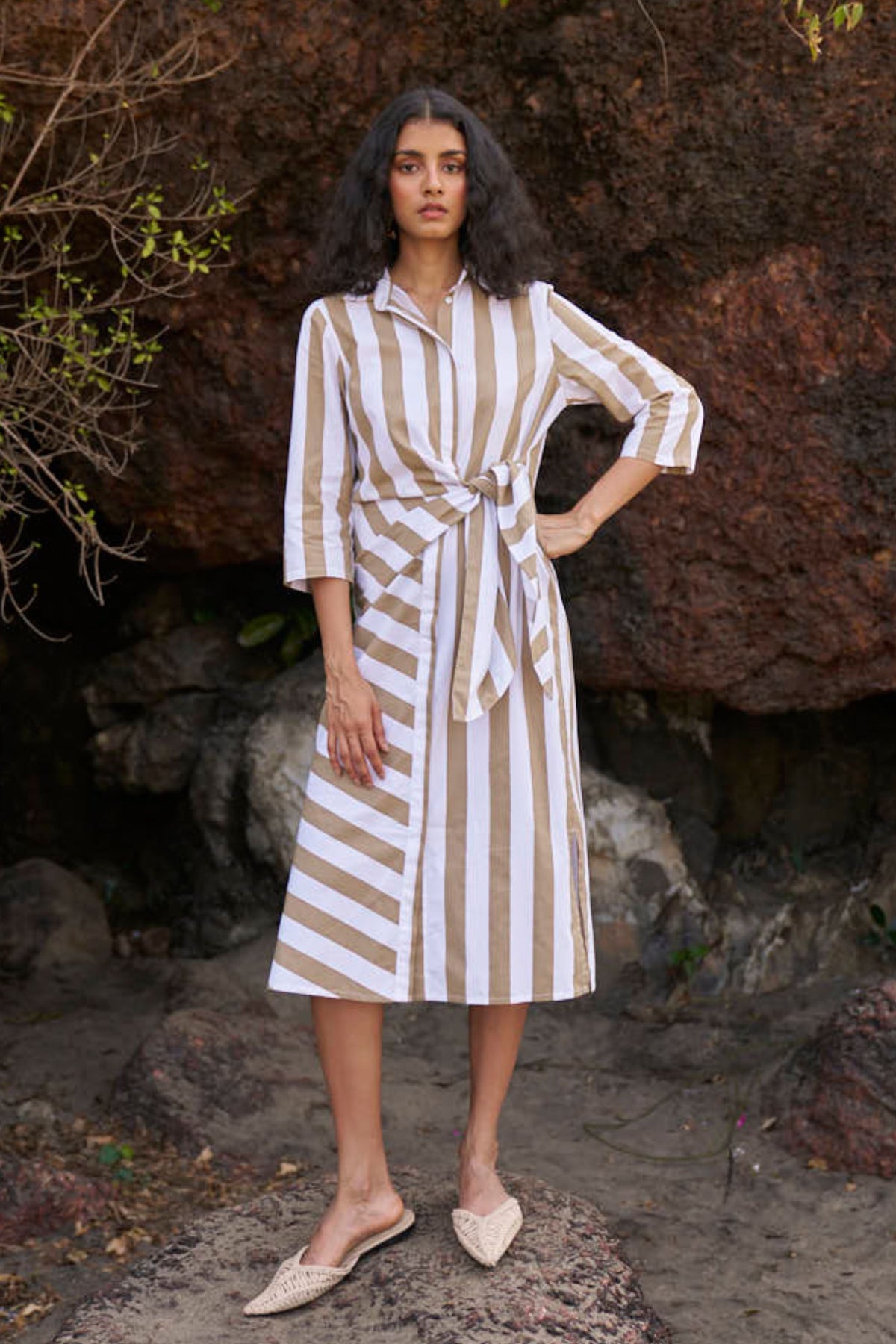 Side Tie Striped Shirt Dress