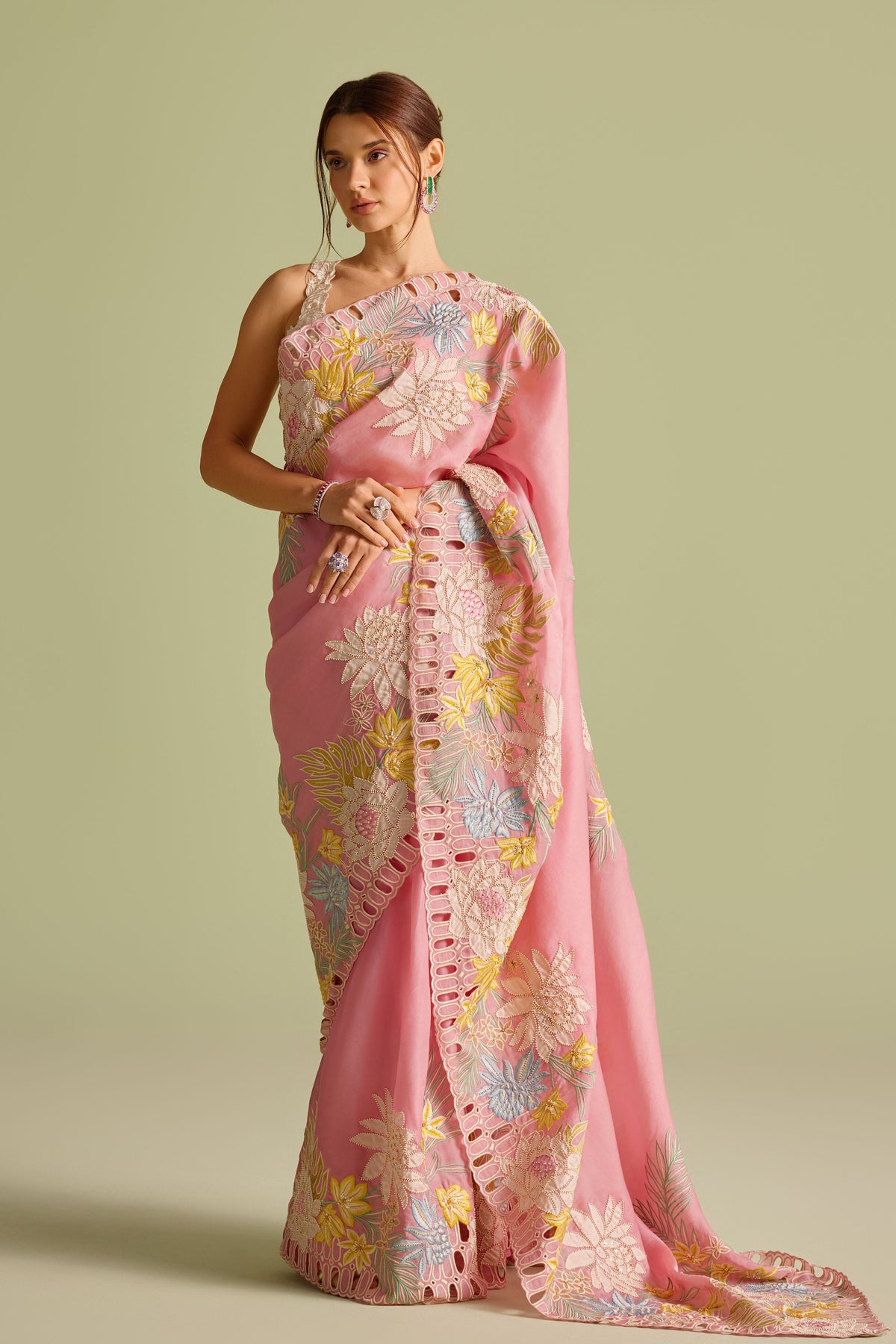 Pink Cutwork Embroidered Saree