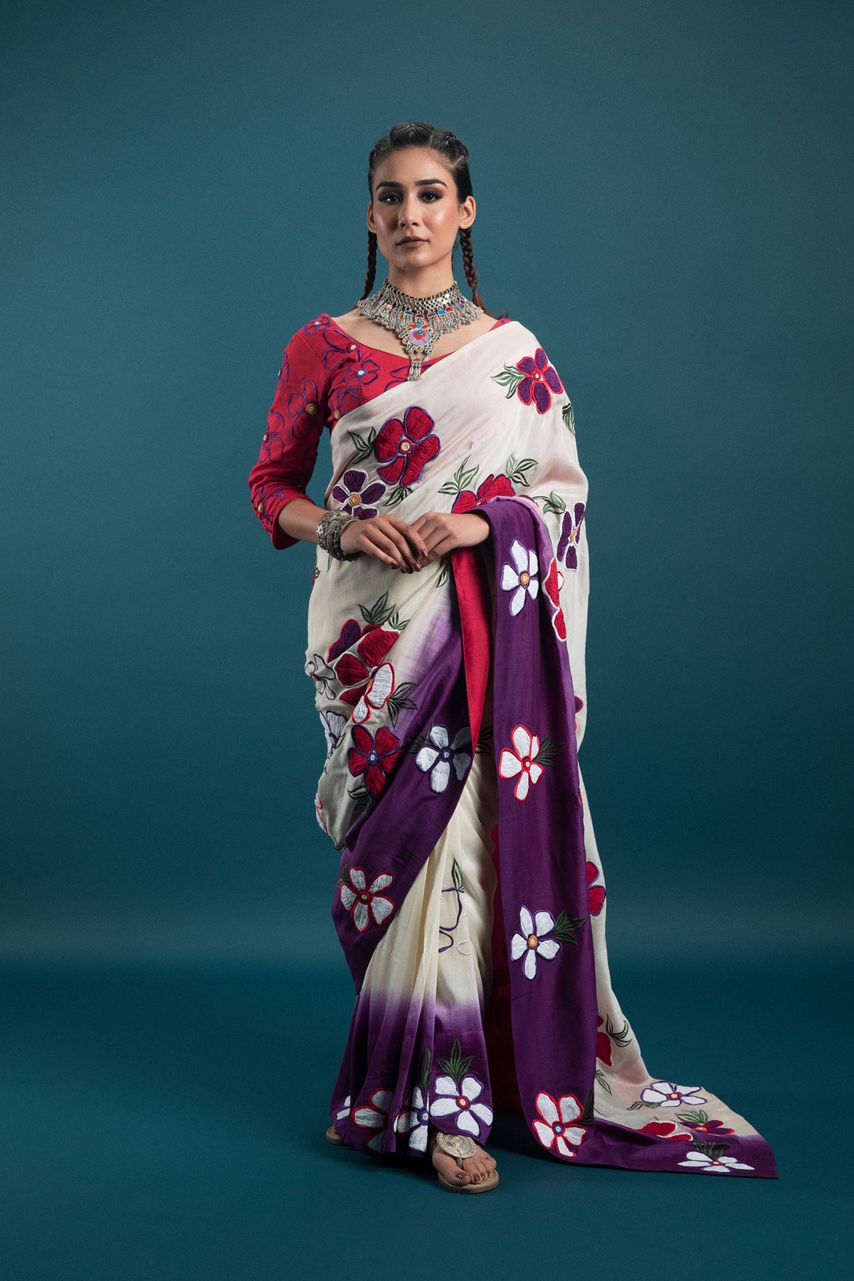 Off White Saree With Red Blouse