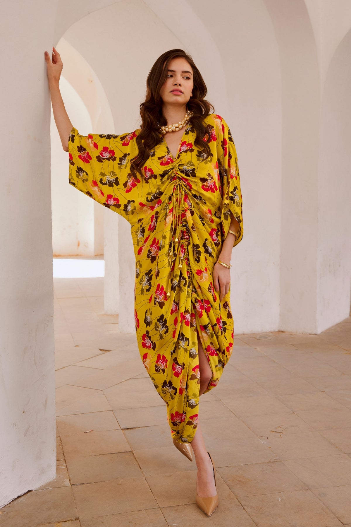 Drawstring Poppy Kaftan Dress