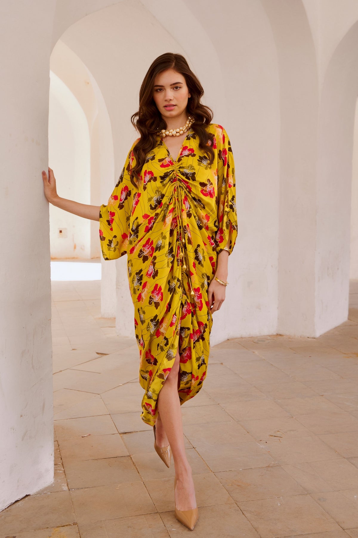 Drawstring Poppy Kaftan Dress