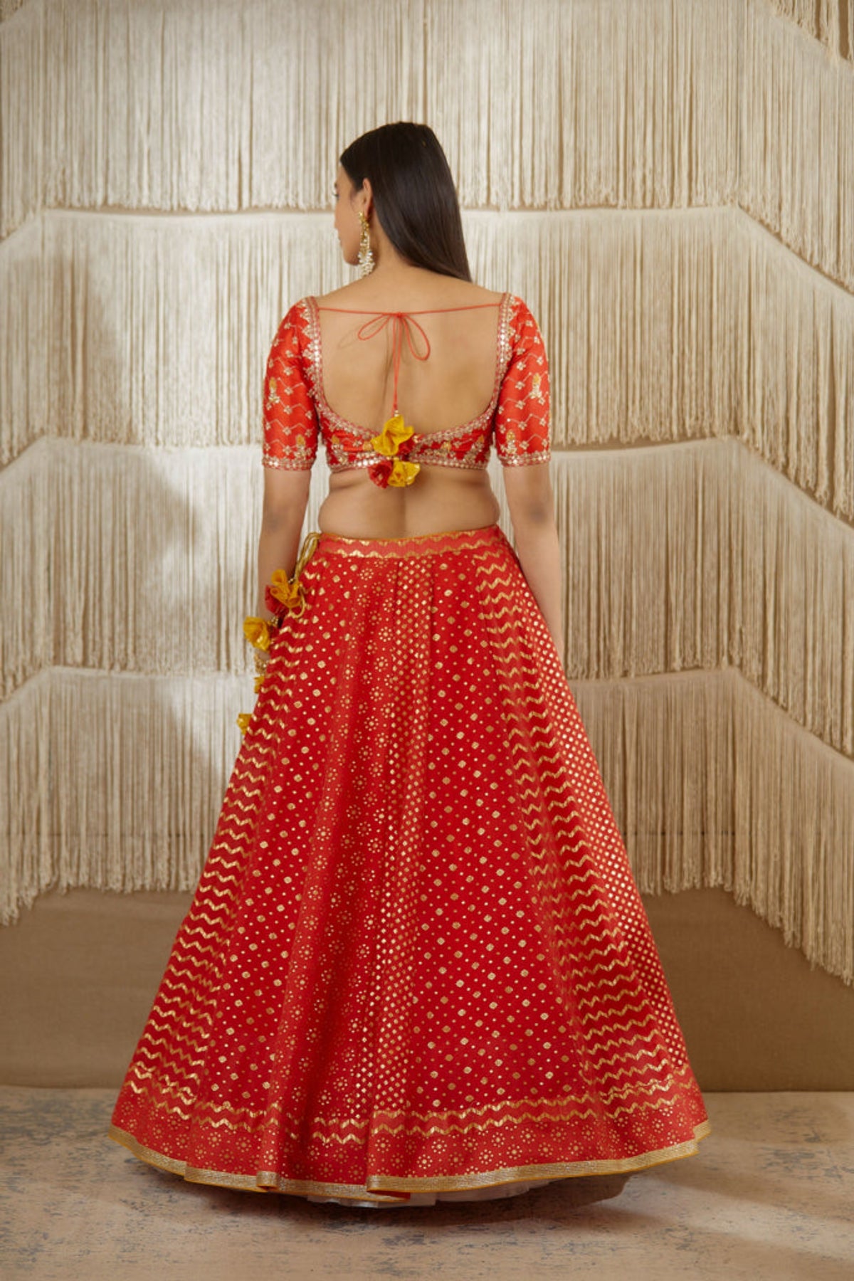 Red zardozi silk lehenga set