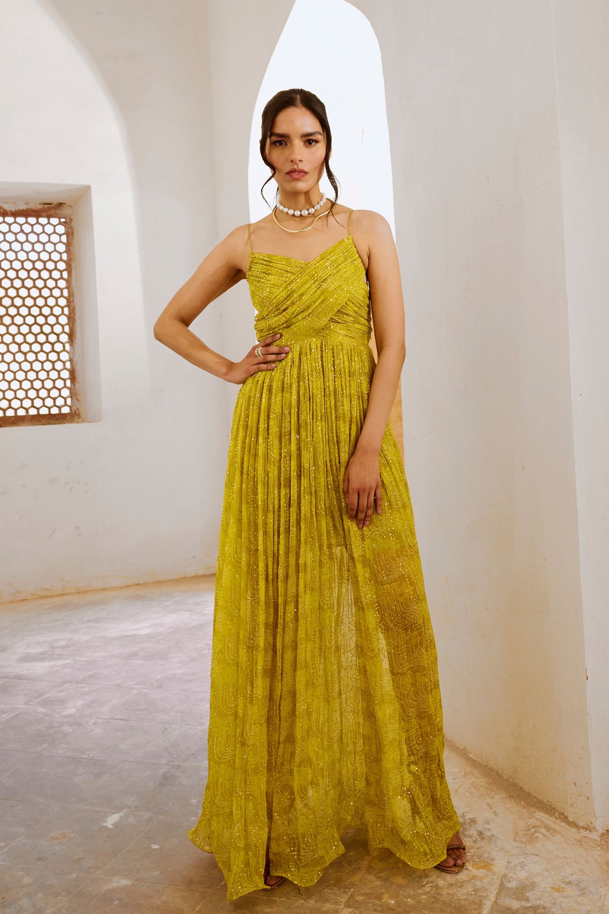 Lemon Green Jugnu Bandeau Bodice Maxi