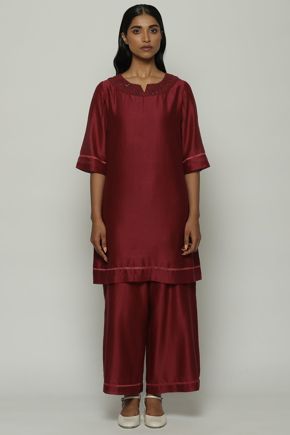 French Knot Neck Wine Kurta