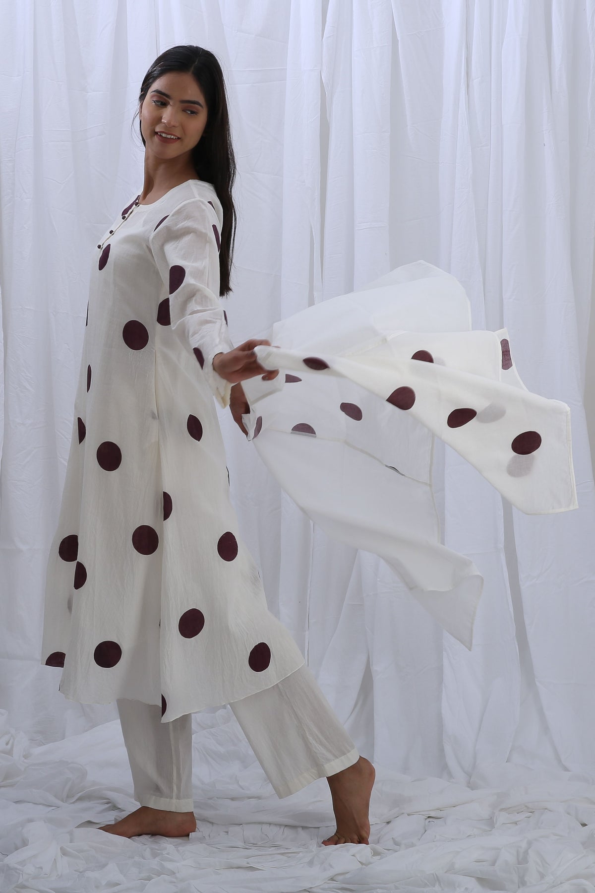 Berry Polka Kurta Set With Dupatta