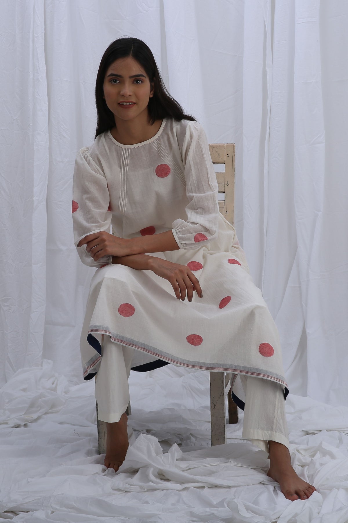 Bright White Round Neck Piping Kurta Set