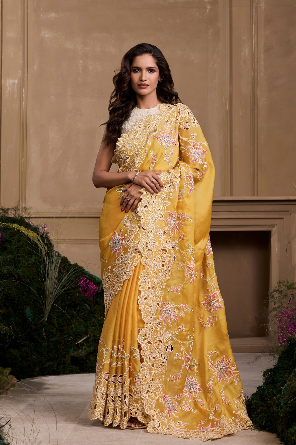 Yellow Contrast Cutwork Embroidered Saree