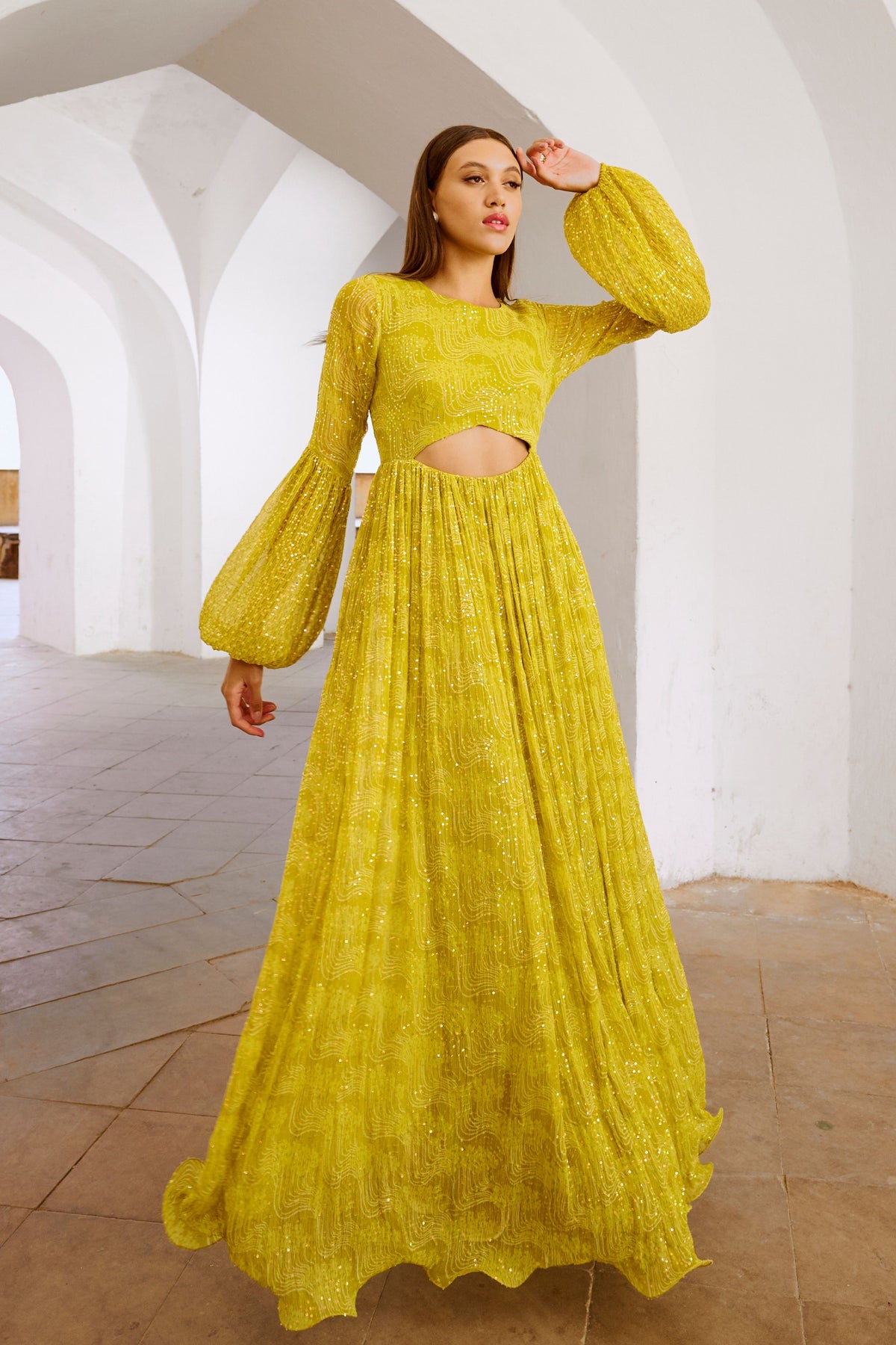 Lemon Green Peekaboo Waist Jugnu Sequin Maxi