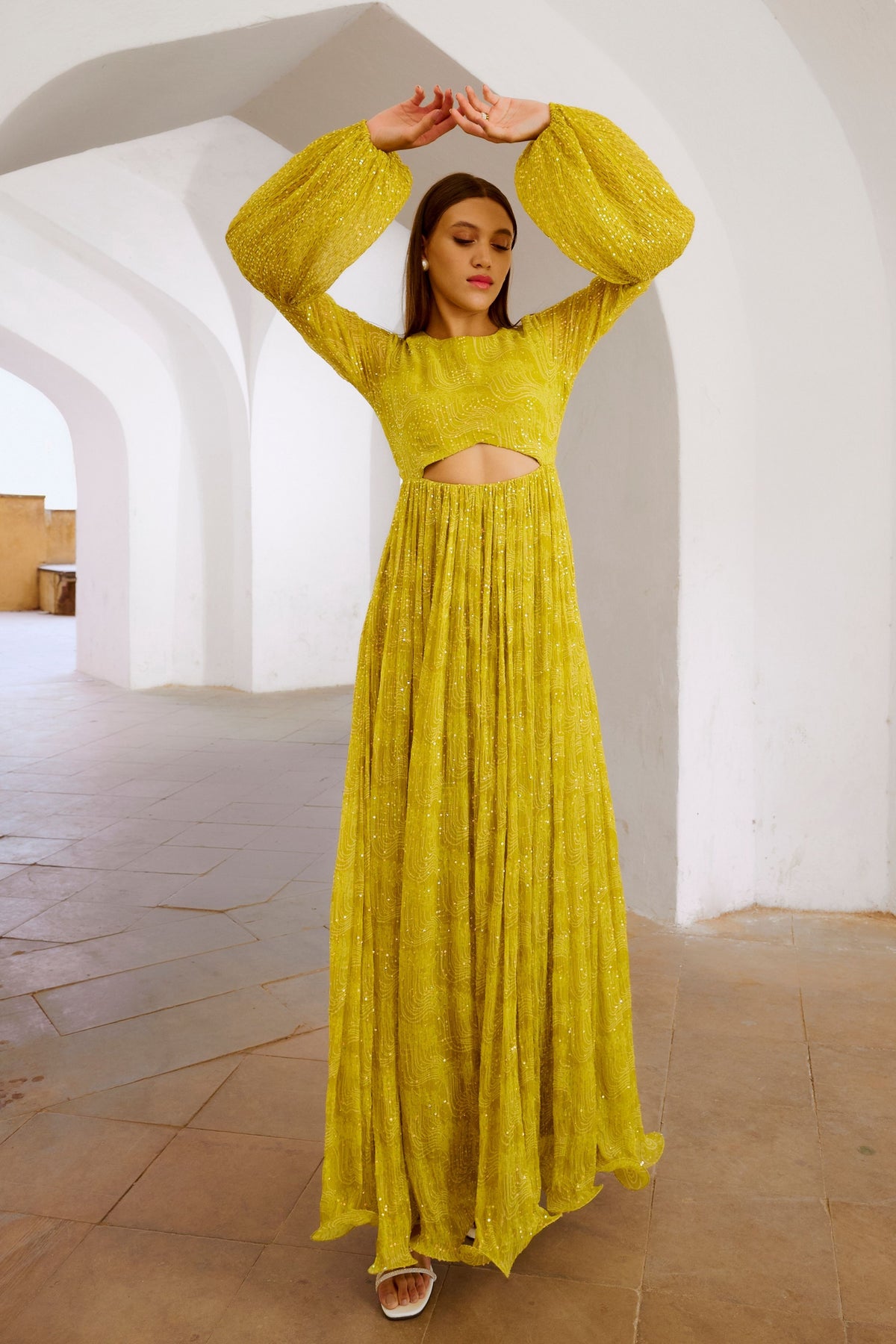 Lemon Green Peekaboo Waist Jugnu Sequin Maxi