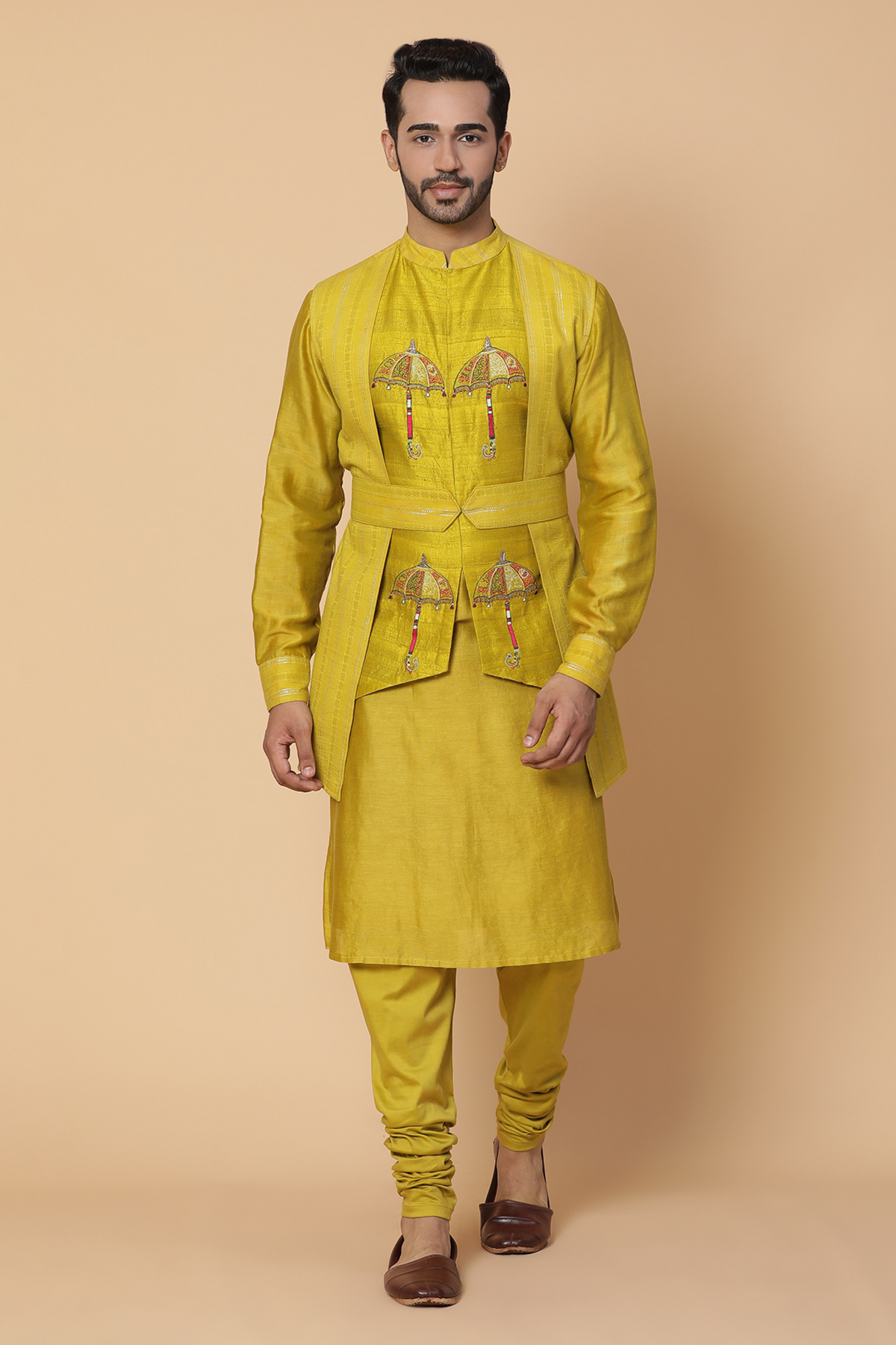 Mustard umbrella kurta with churidar