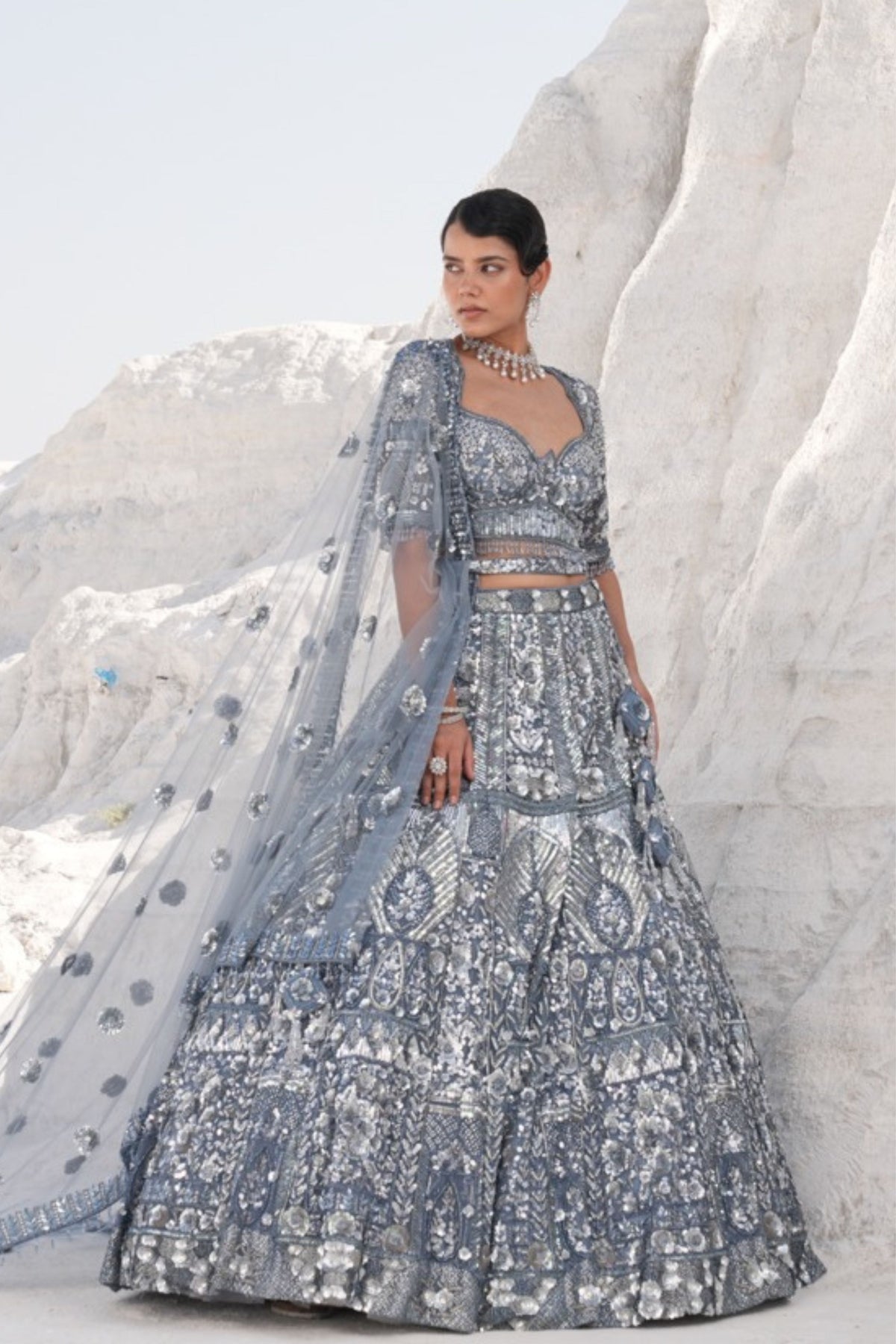 Ice Blue Embroidered Lehenga Set