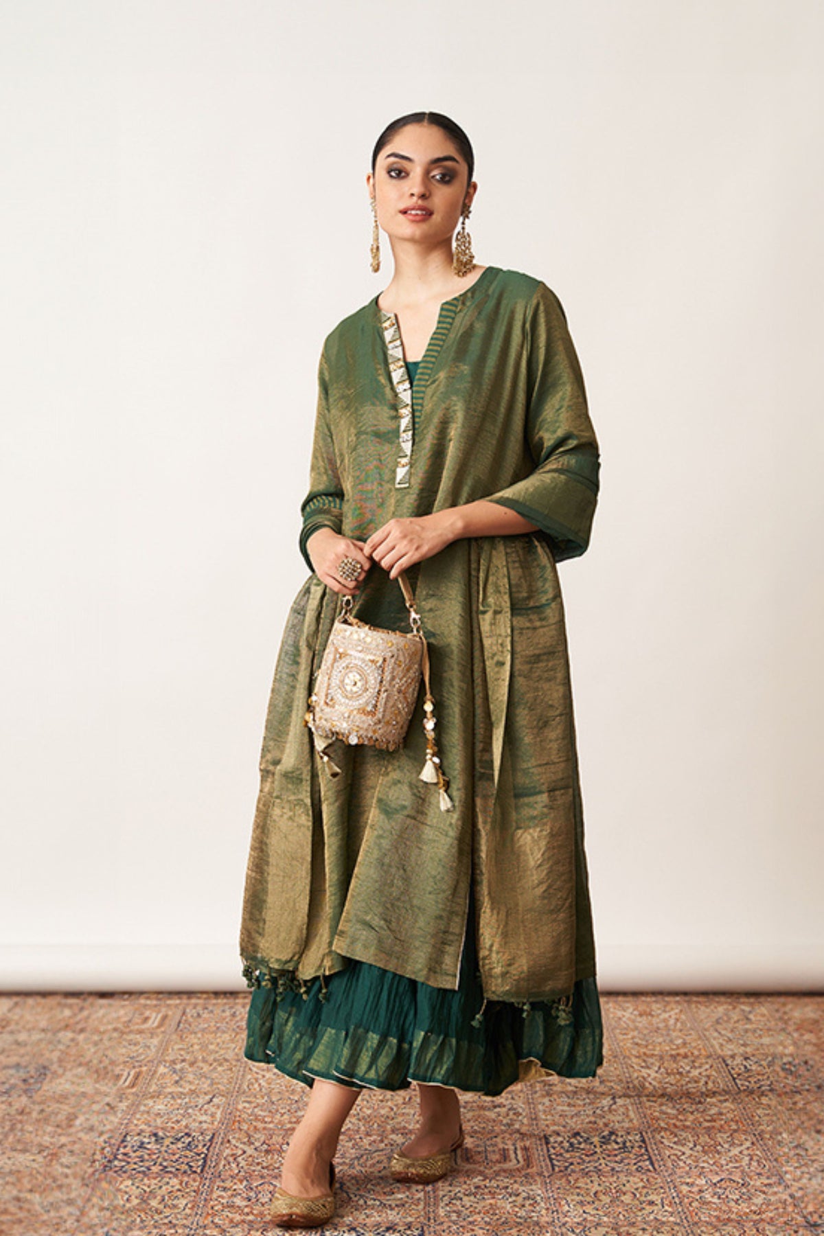 Bottle Green Kurta With Skirt