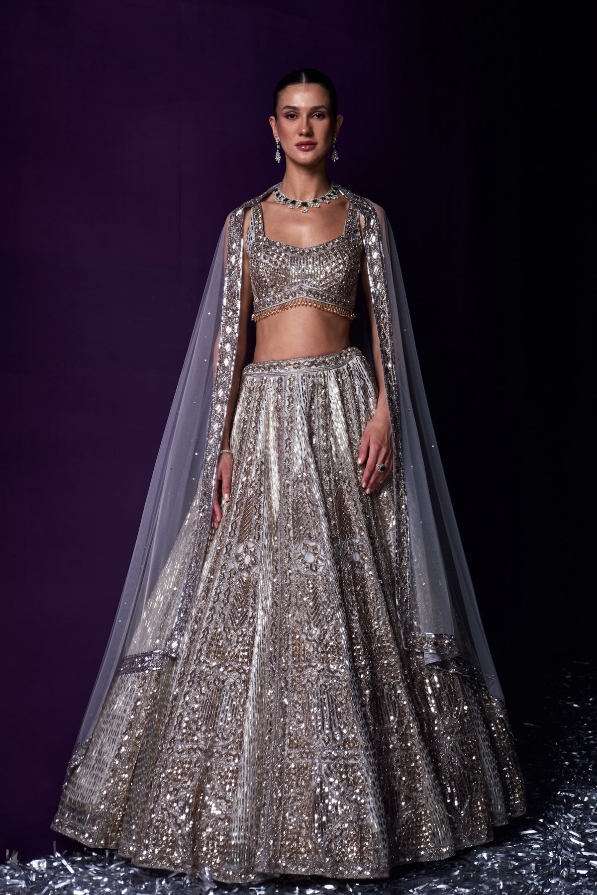 Grey Organza Embroired Lehenga Set