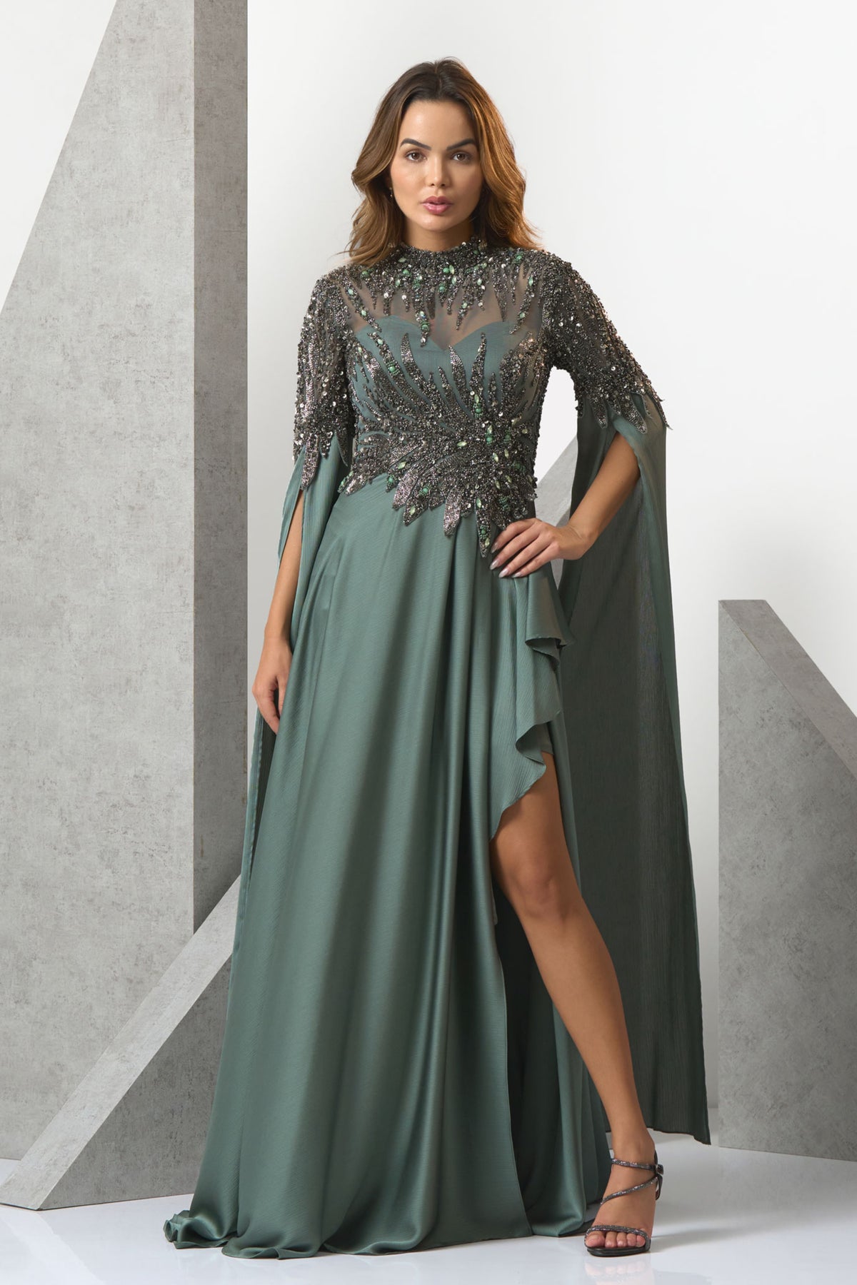 Daniella High Neck Flowy Sleeve Evening Gown