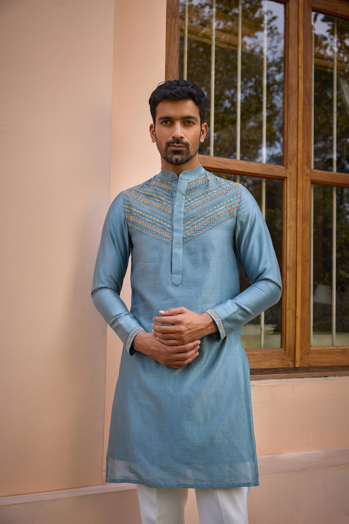 Grey dori and hand embroidered silk  kurta