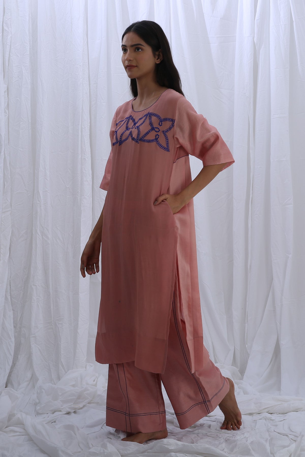 Peachy Pink Embroidery Pleated Kurta Set