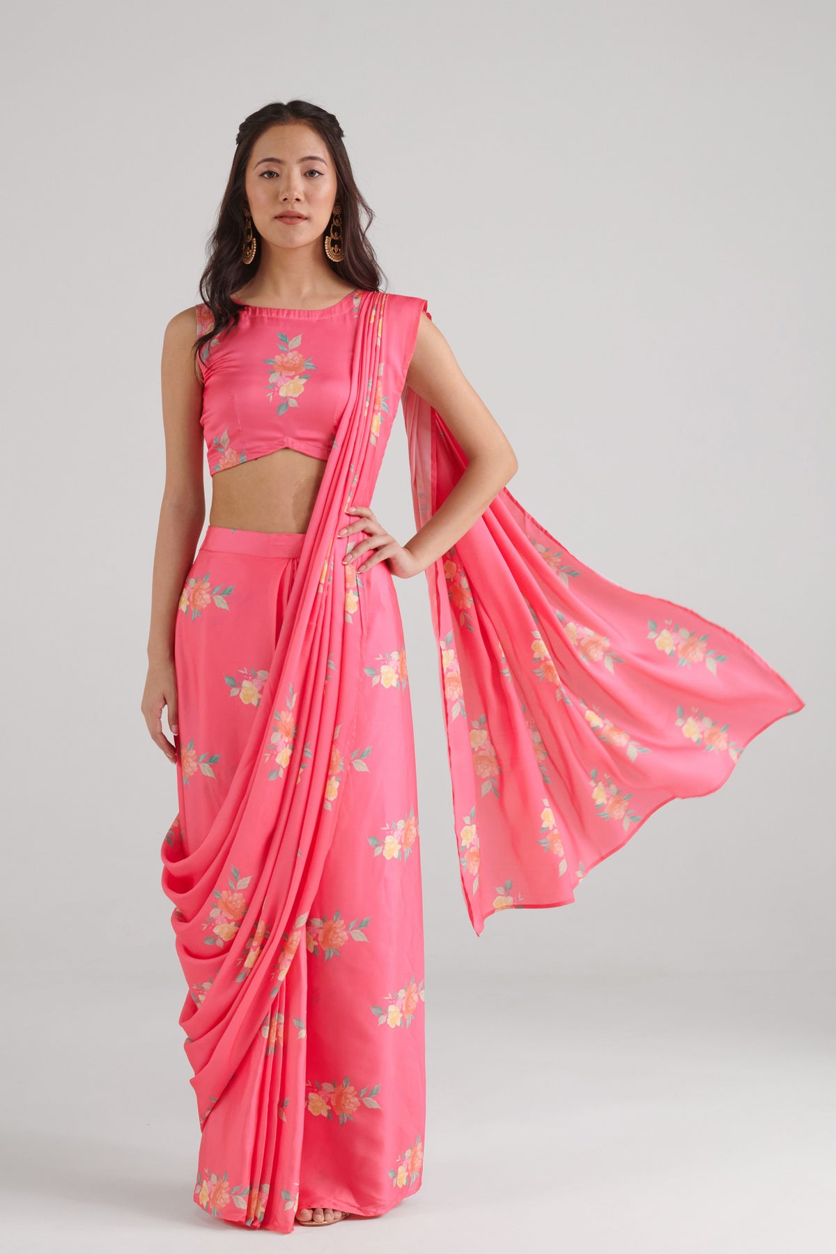 Hot Pink Saree Skirt Set