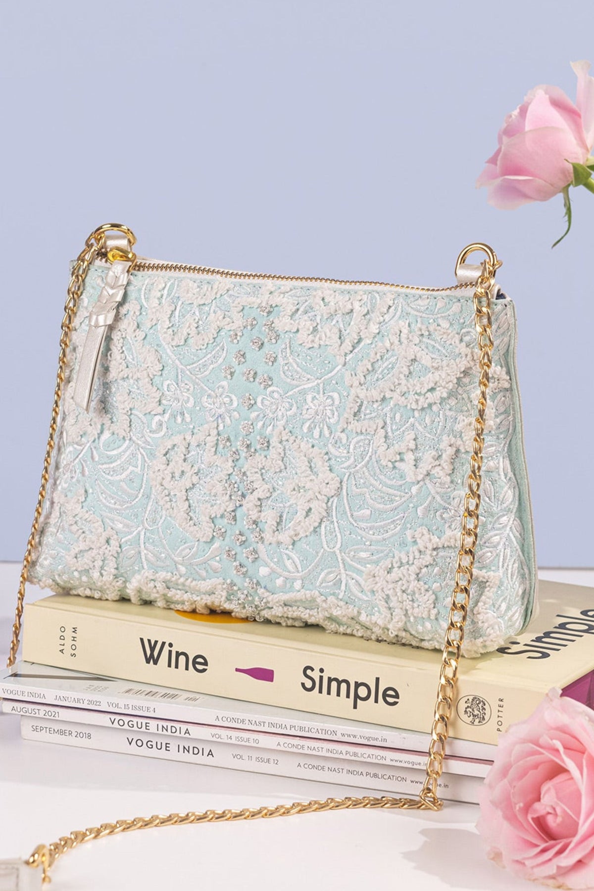 Carnation embroidered mint shoulder bag