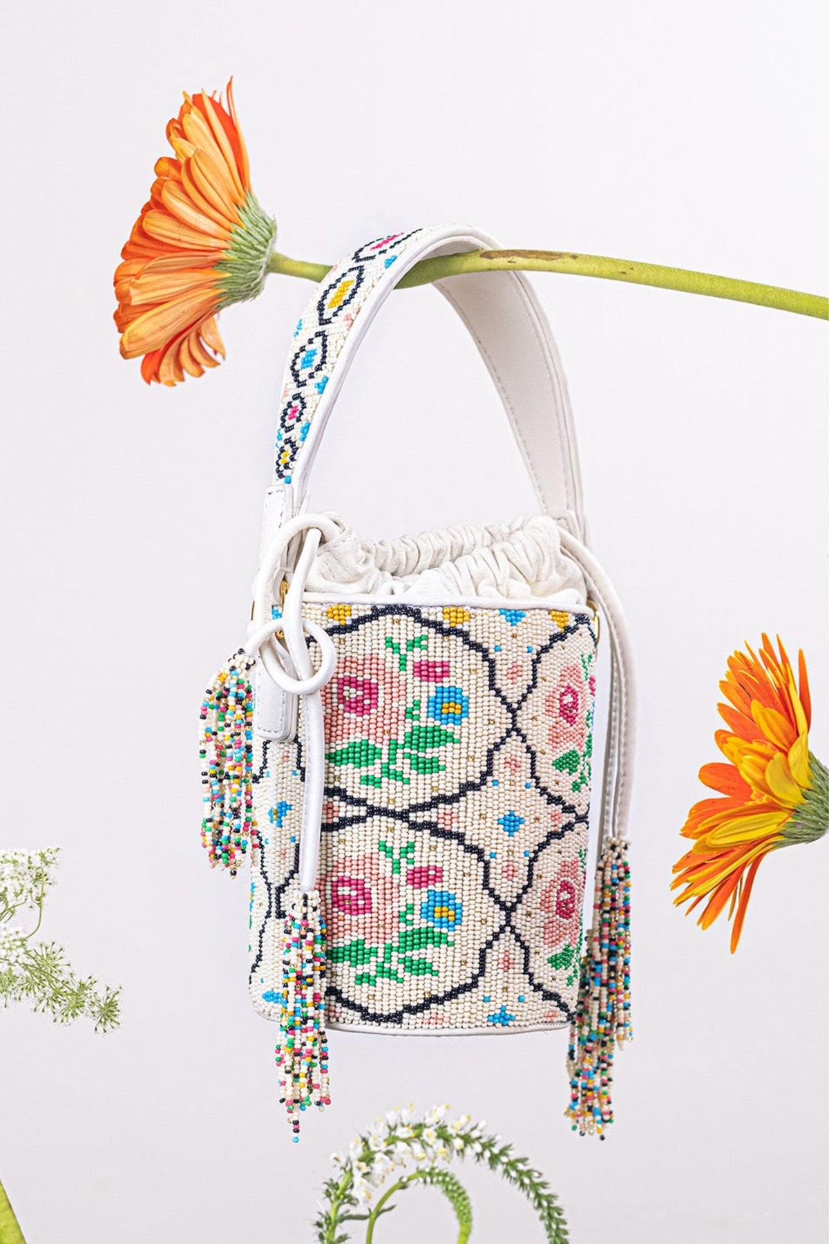 Poppy beaded bucket bag