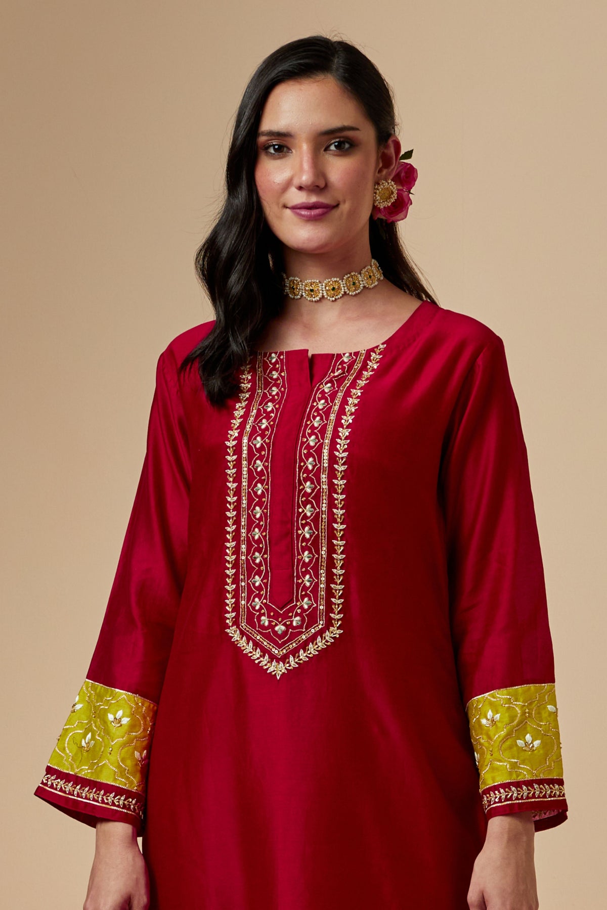 Red Silk A-line Kurta