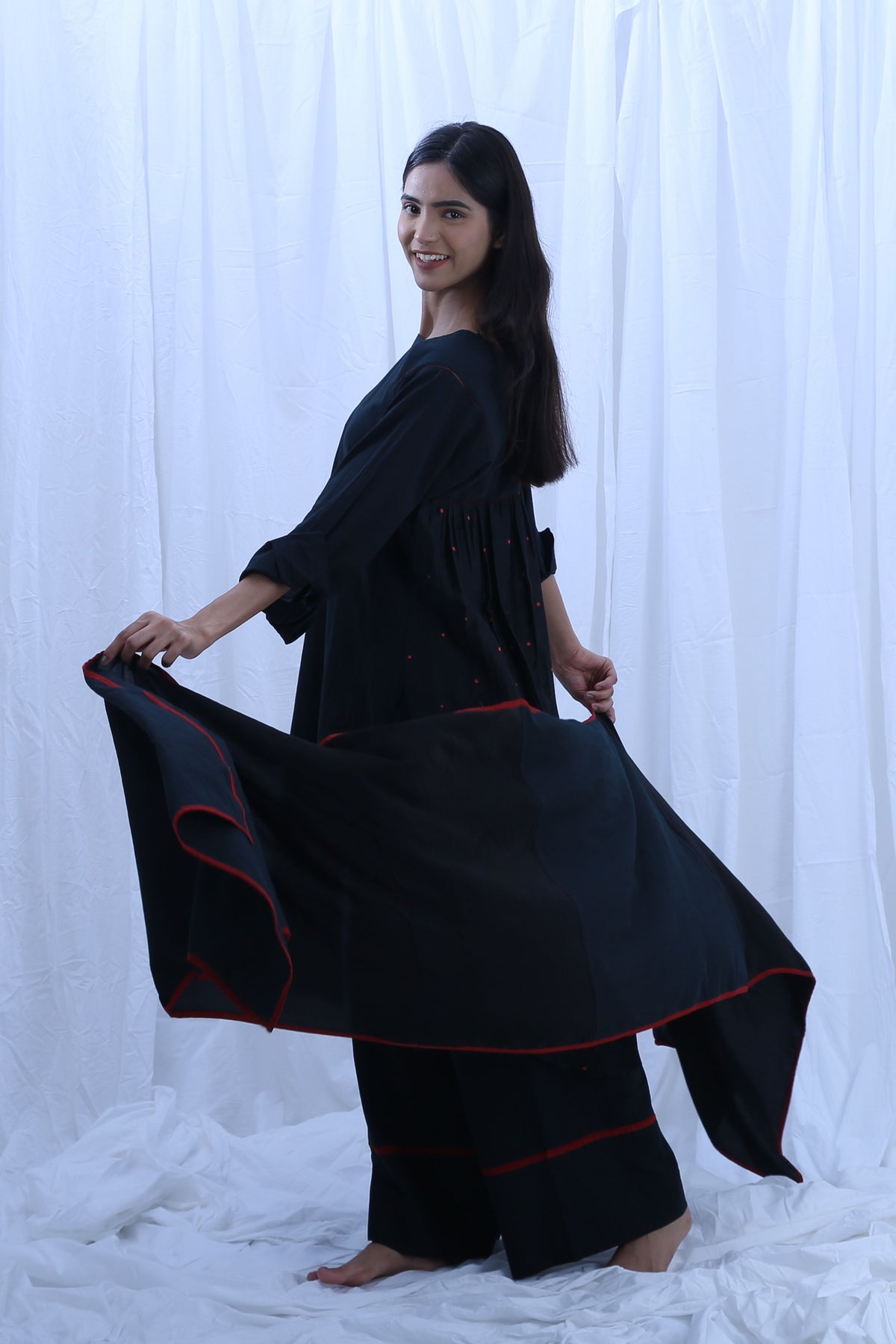 Black Red Dot  Kurta Set With Dupatta