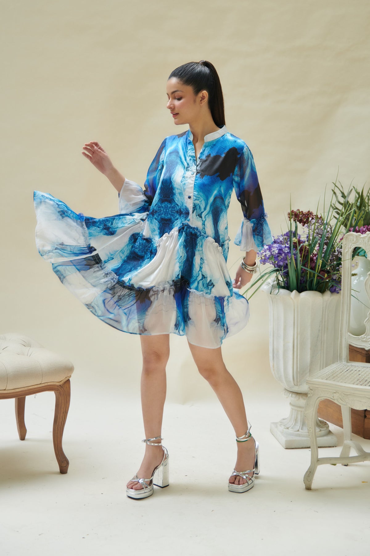 Blue Wave Printed 2 Tier Dress