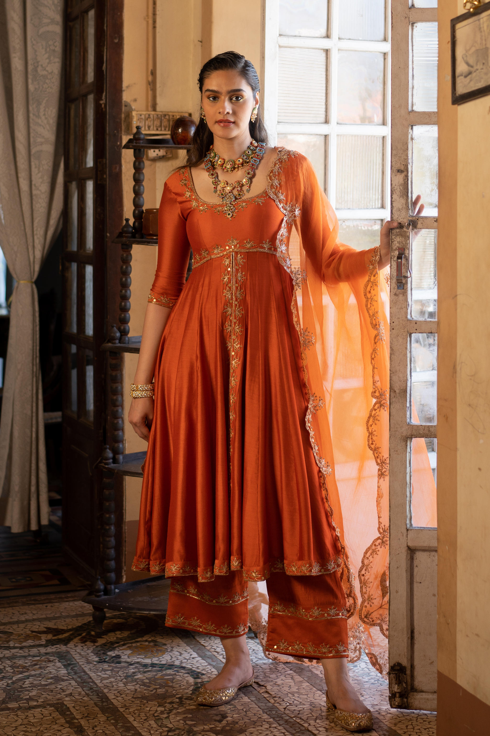 Mehendi Poly Cotton Anarkali Kurta Palazzo Suit Set