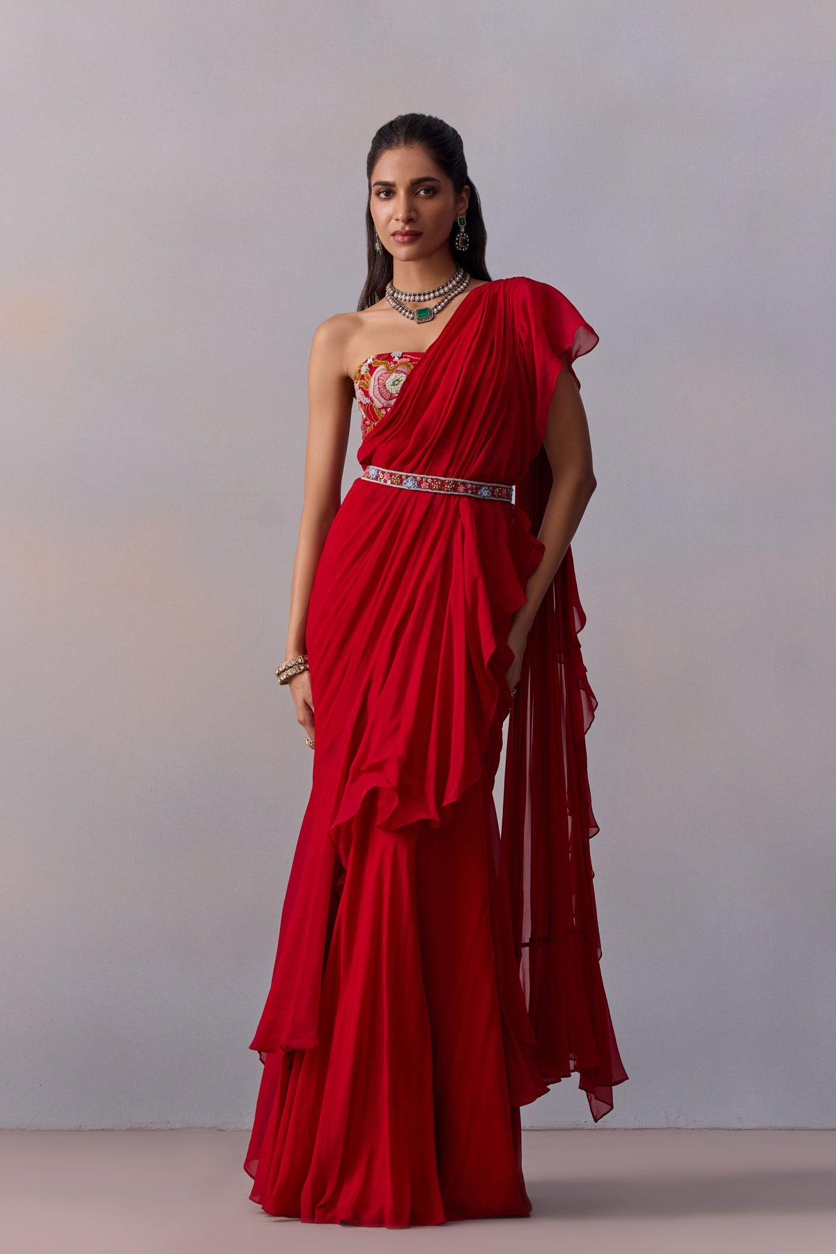 Red Jiah Pre-draped Saree Set