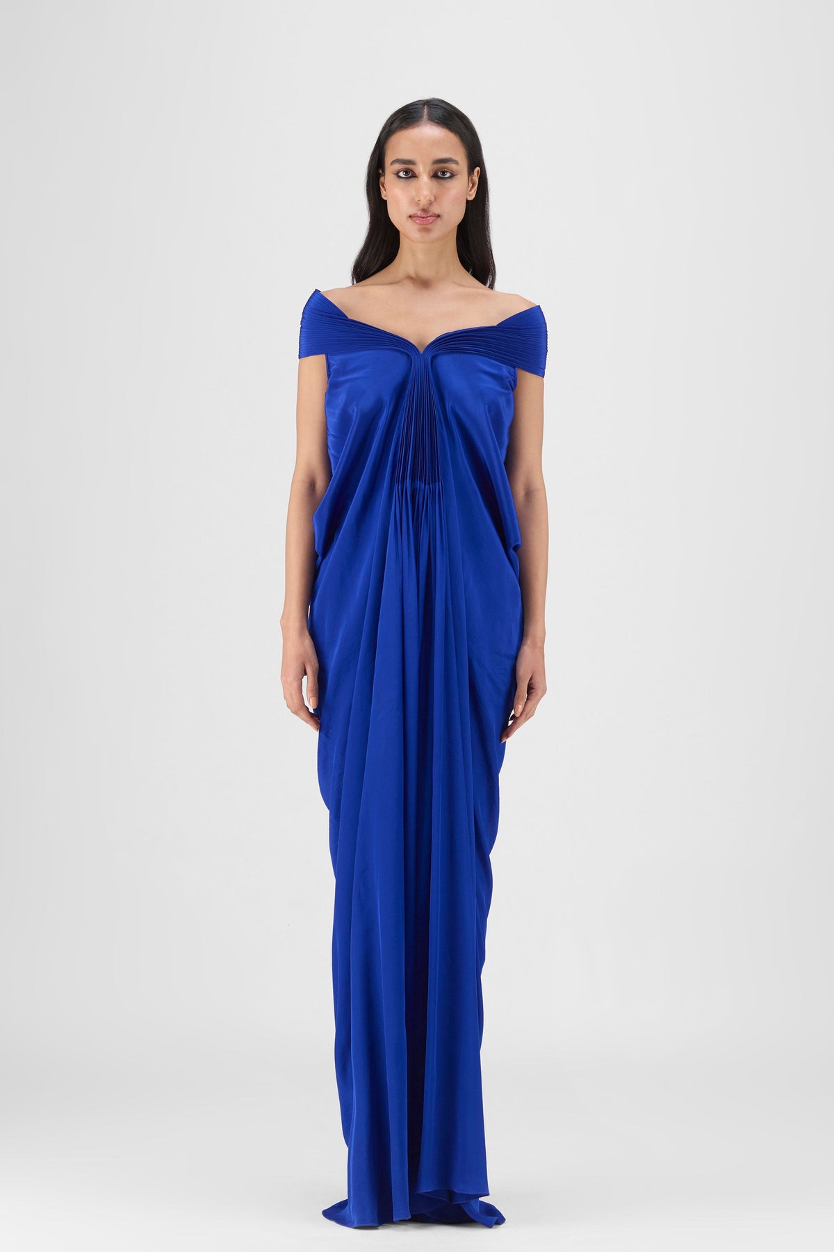 Blue Pleated Cowl Gown