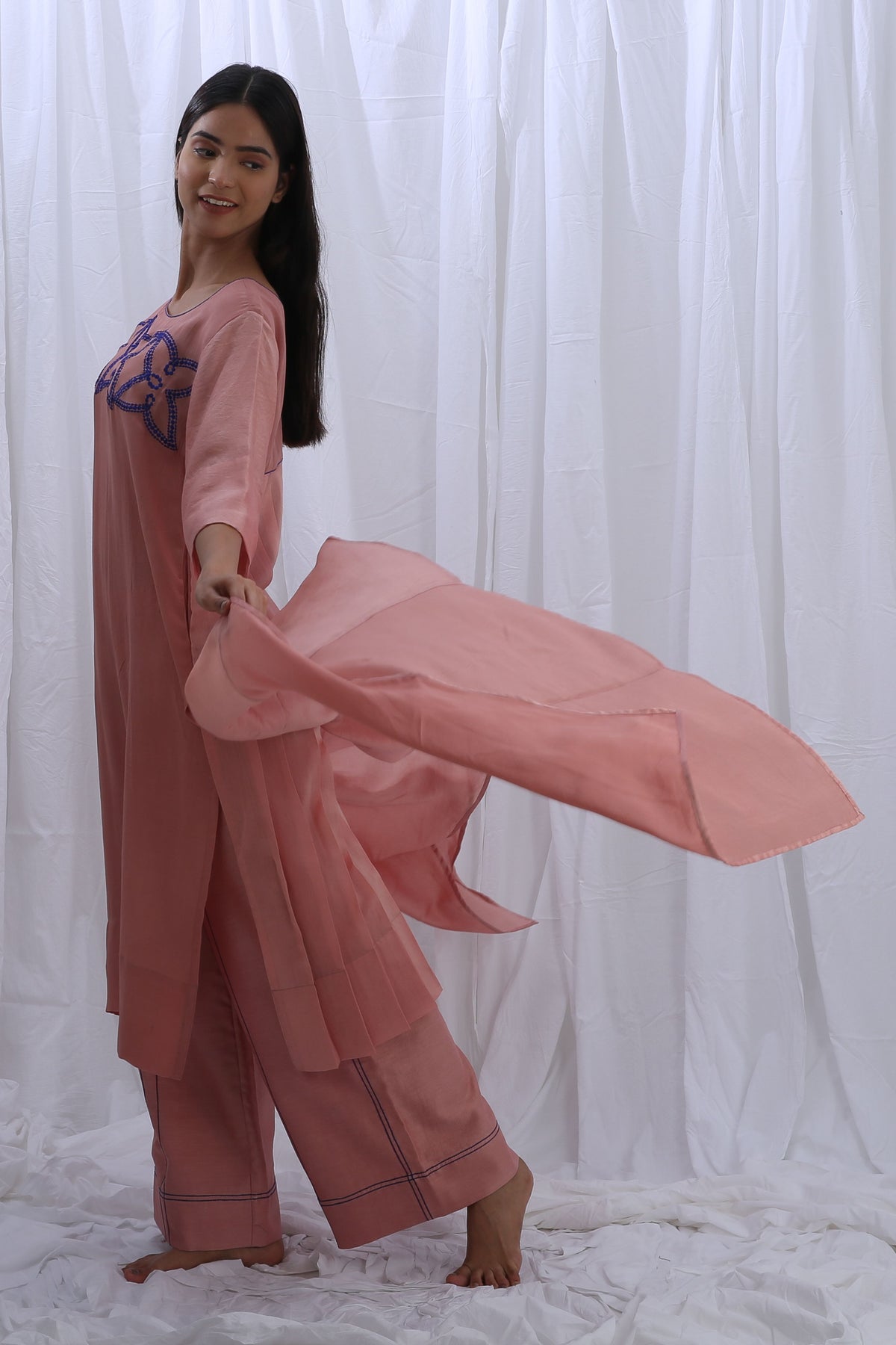 Peachy Pink Pleated Kurta Set with Dupatta