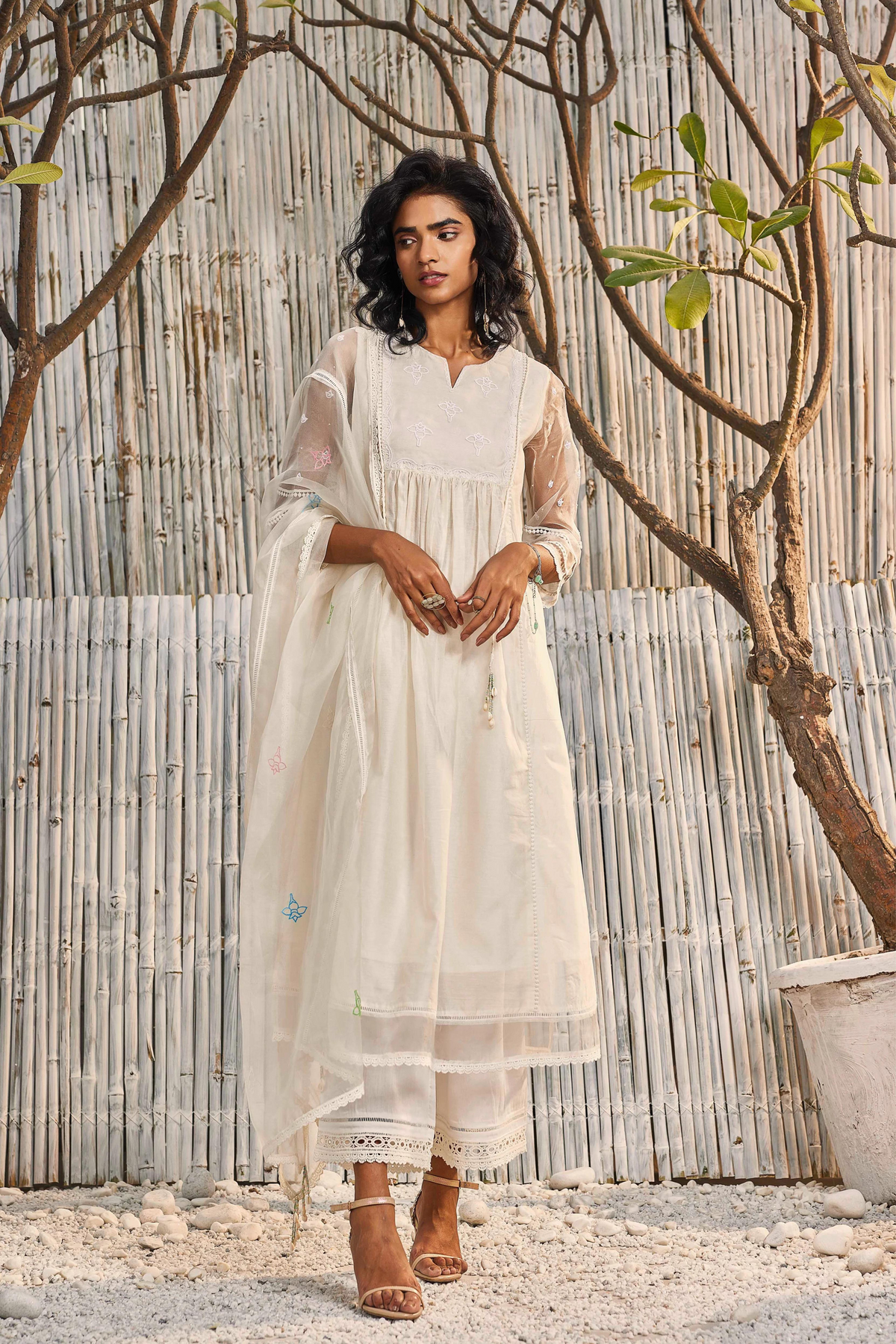 Shell White Chanderi Gathered Kurta Set