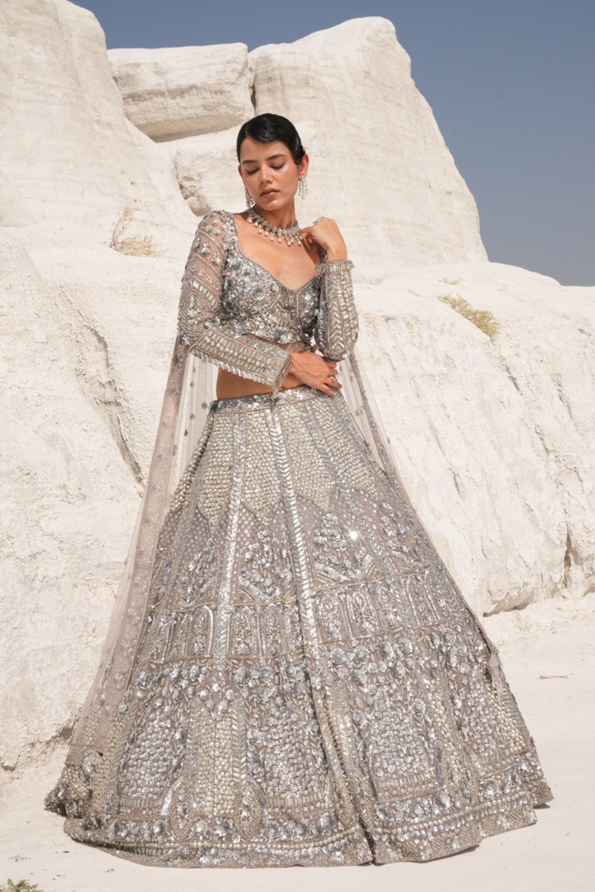 Steel Grey Embroidered Lehenga Set