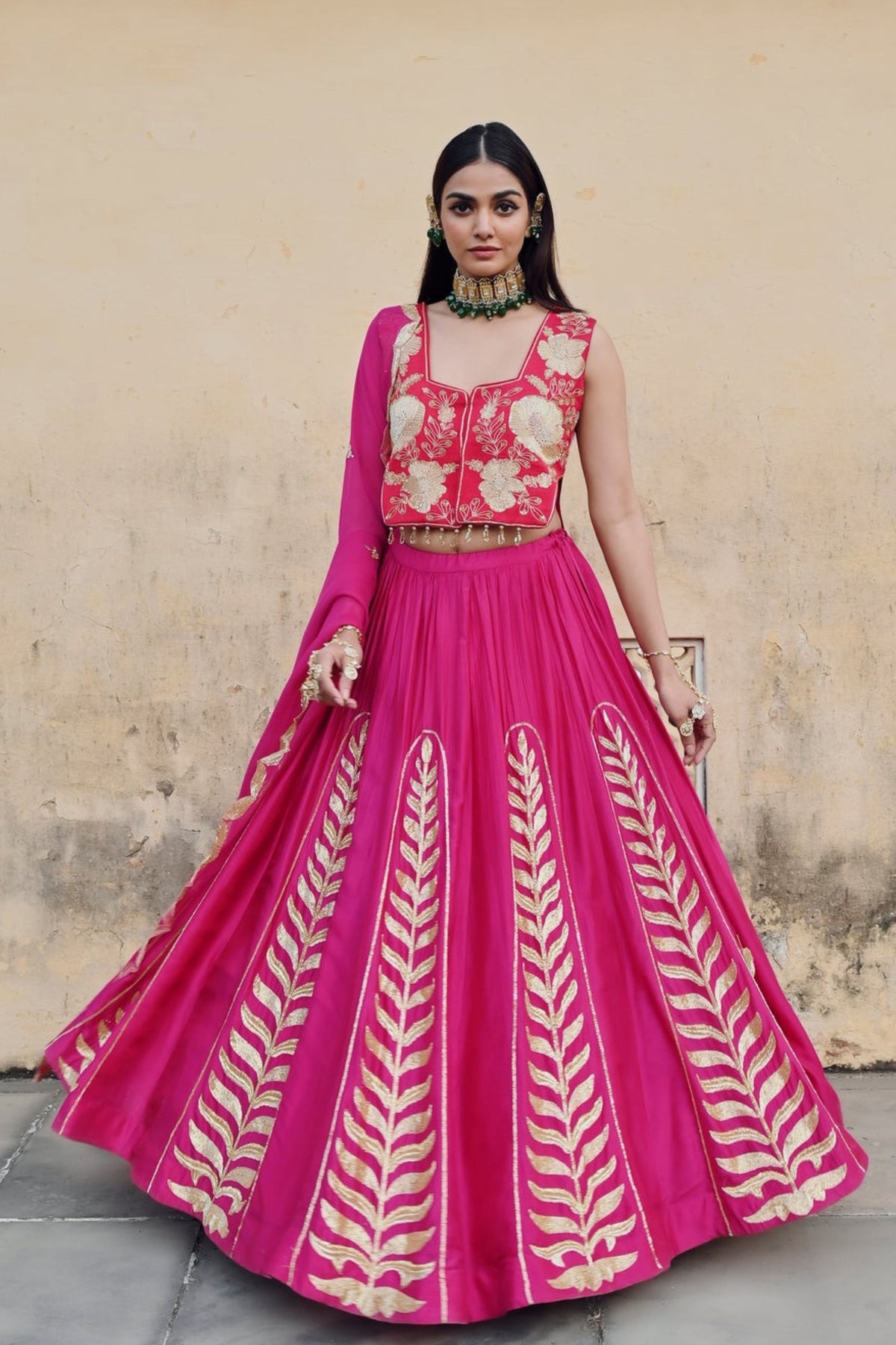 Fuscia Pink Embroidered Lehenga Set