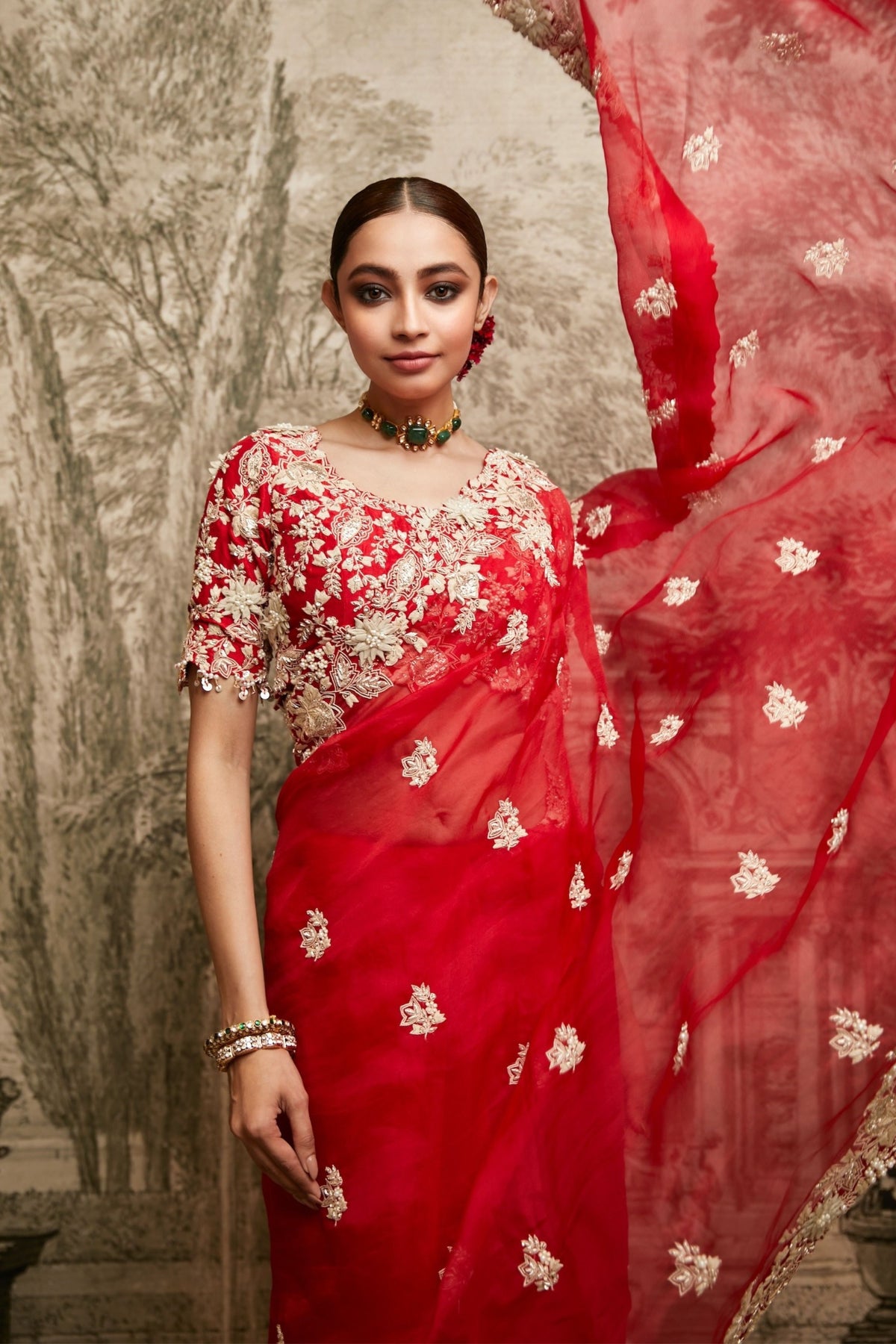 Red Organza Saree Set