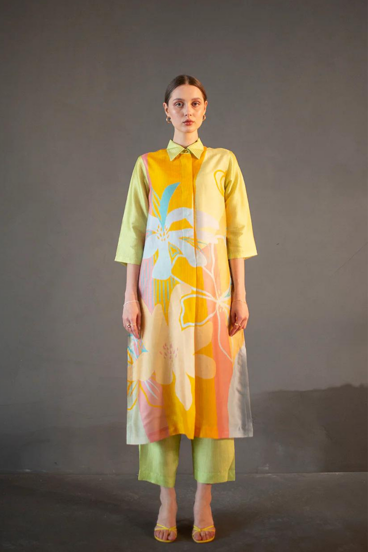 Lime Yellow  Floral Print Tunics Set